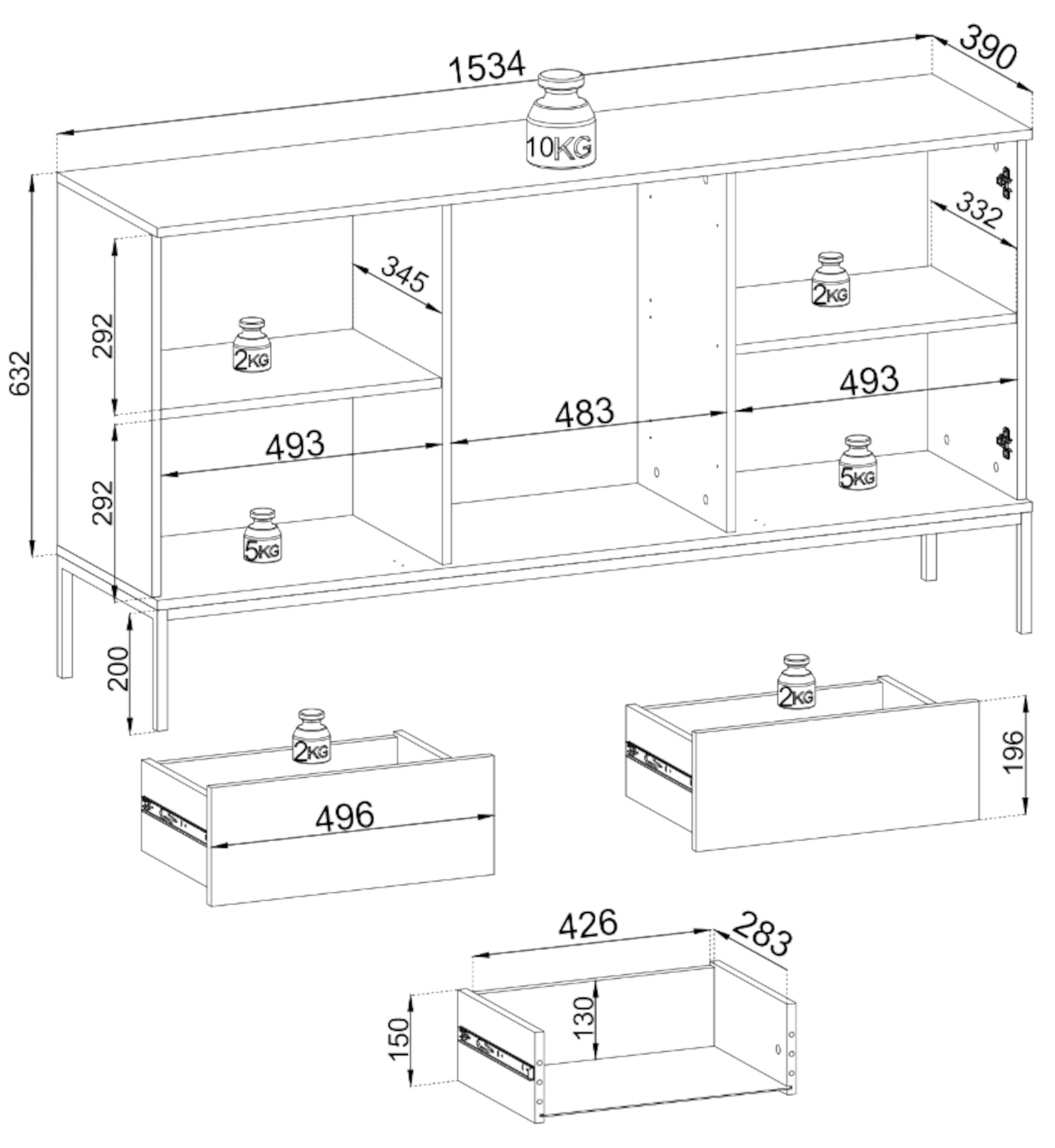 Komoda Tosena dwudrzwiowa z szufladami i oświetleniem LED 154 cm Kaszmir