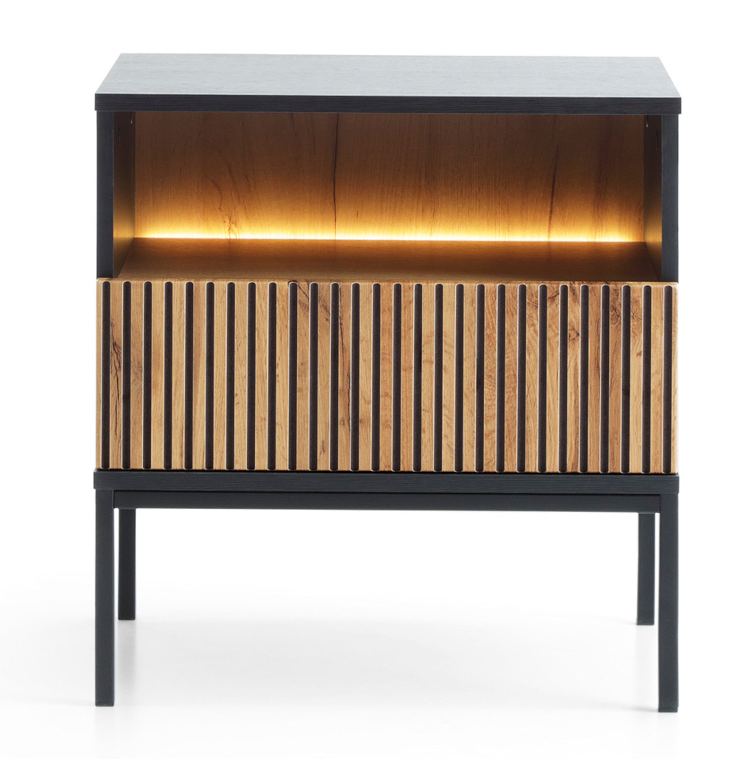 Szafka nocna Tosena z szufladą i oświetleniem LED 54 cm Czarny/Dąb wotan