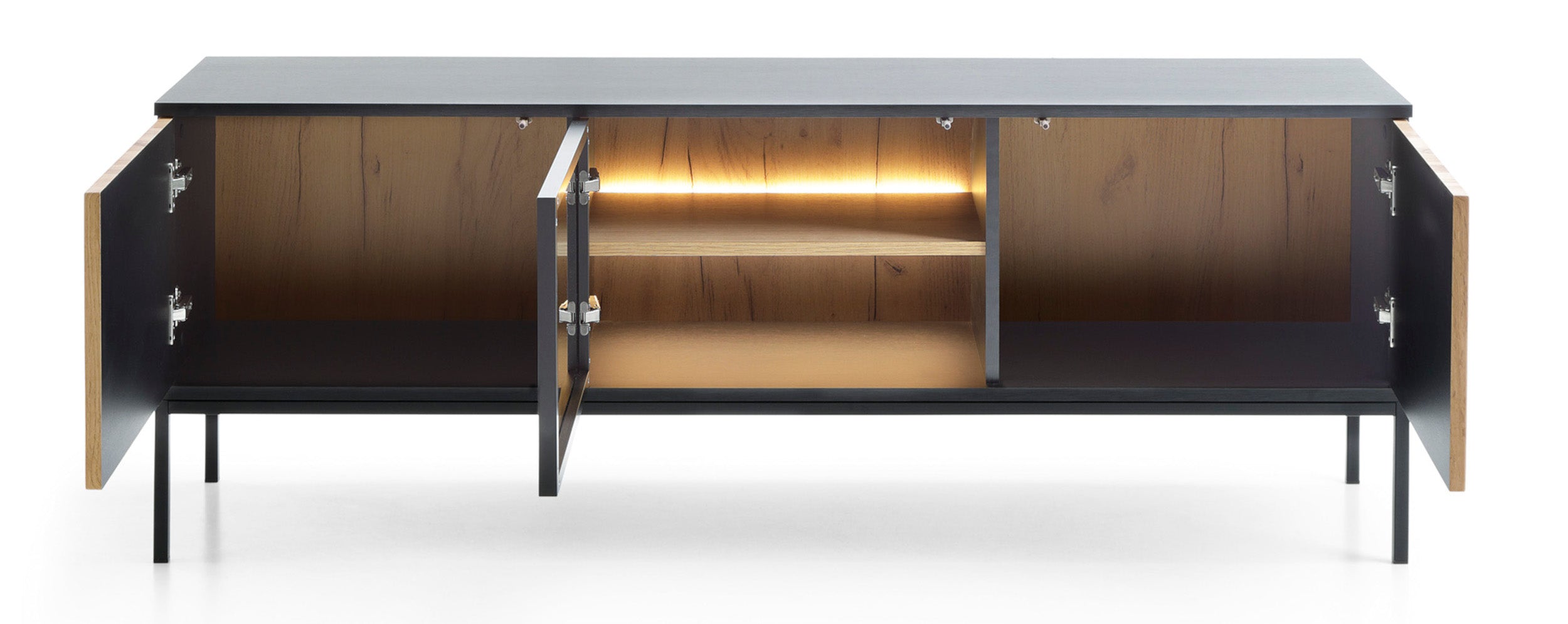 Szafka RTV Tosena trzydrzwiowa z oświetleniem LED 154 cm Czarny/Dąb wotan