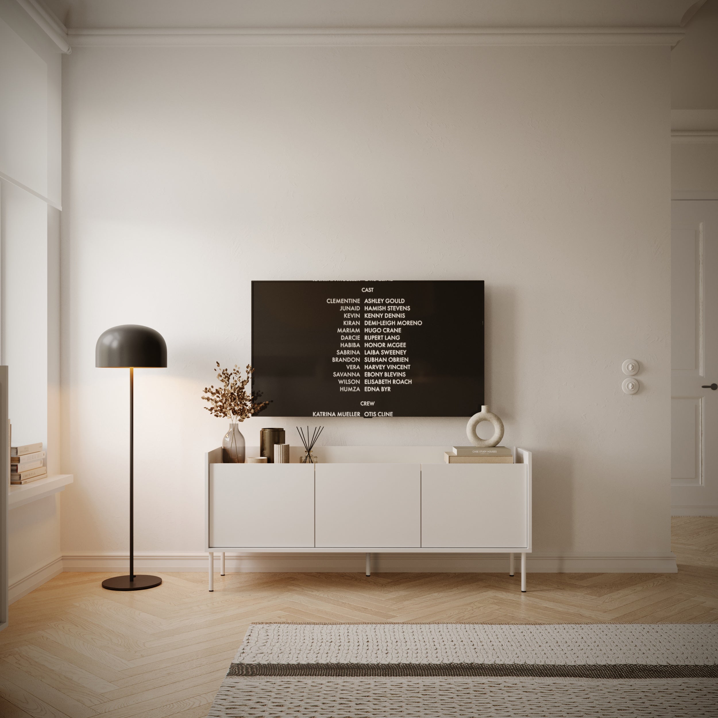Szafka RTV Tovi trzydrzwiowa 140 cm biała/dąb lindberg