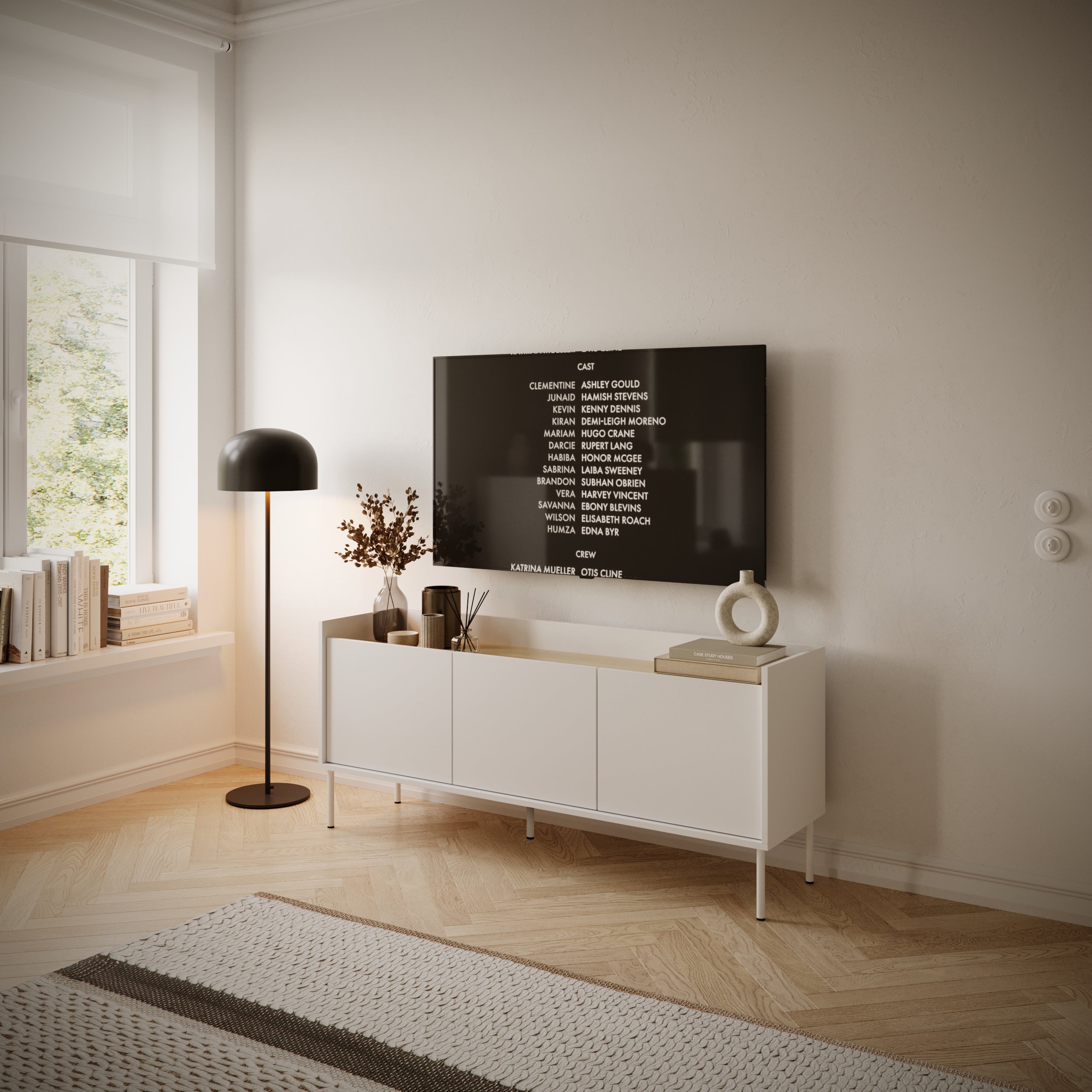 Szafka RTV Tovi trzydrzwiowa 140 cm biała/dąb lindberg