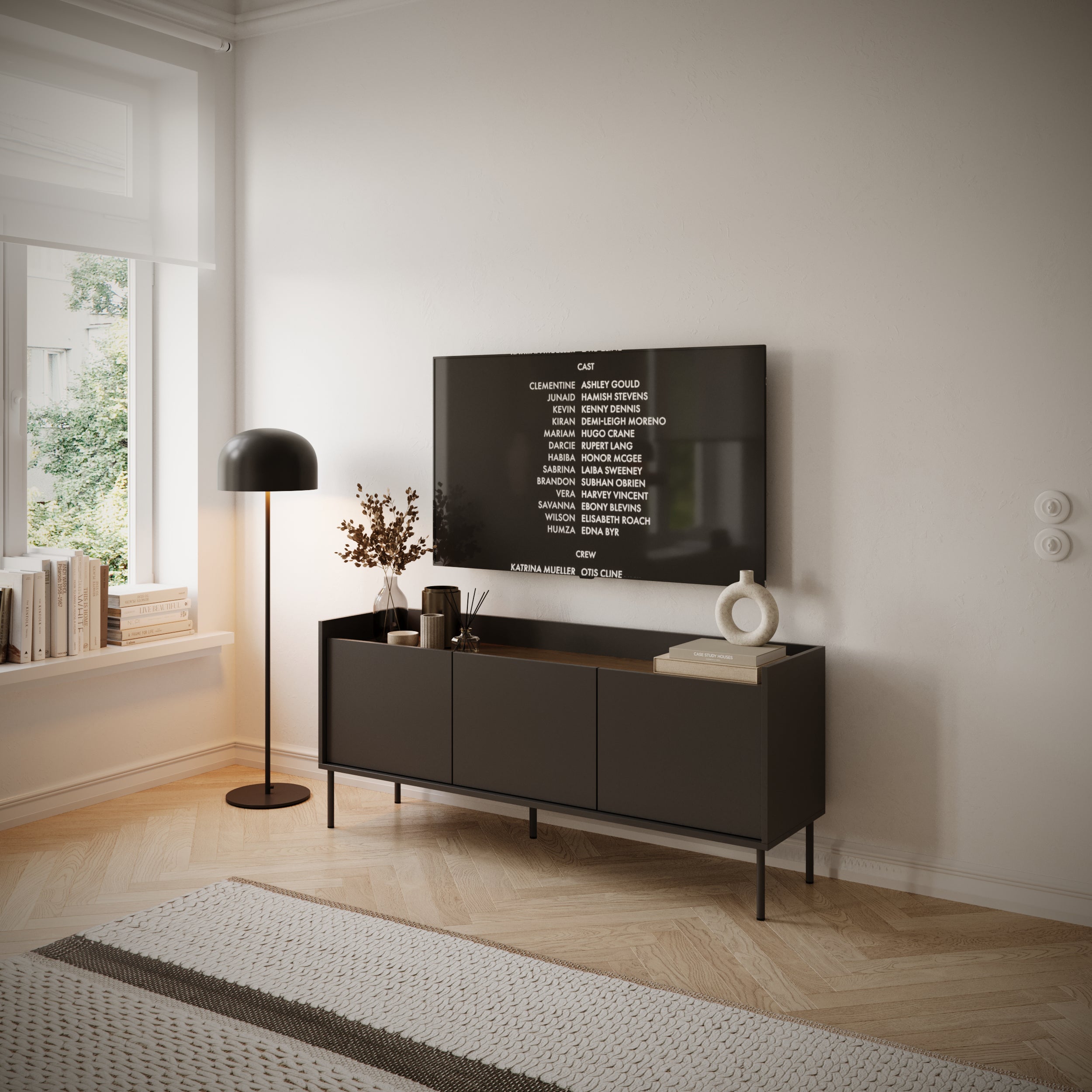 Szafka RTV Tovi trzydrzwiowa 140 cm czarny/orzech wisconsin