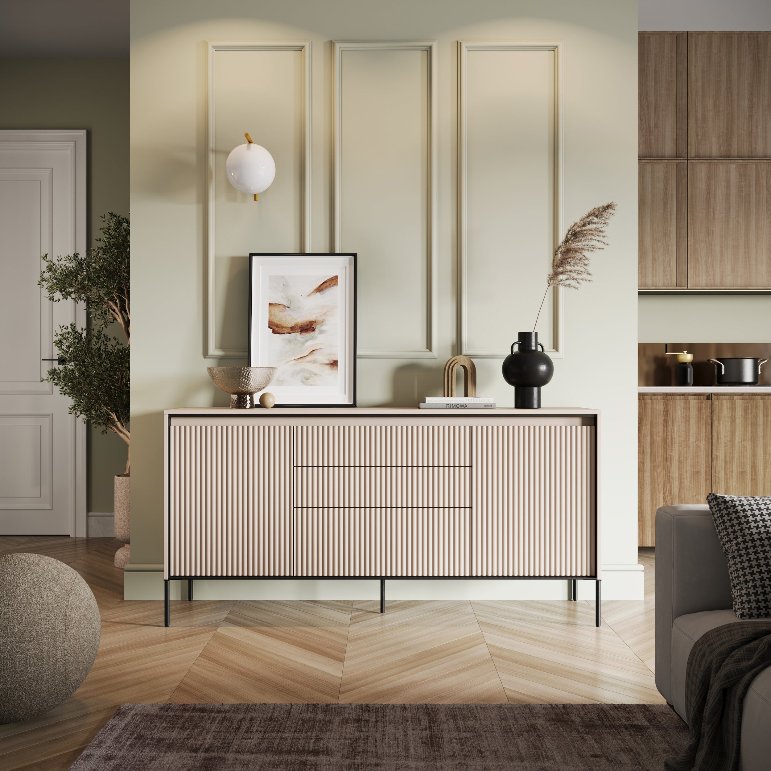 Komoda dwudrzwiowa Trend 166 cm z trzema szufladami z LED Beżowa