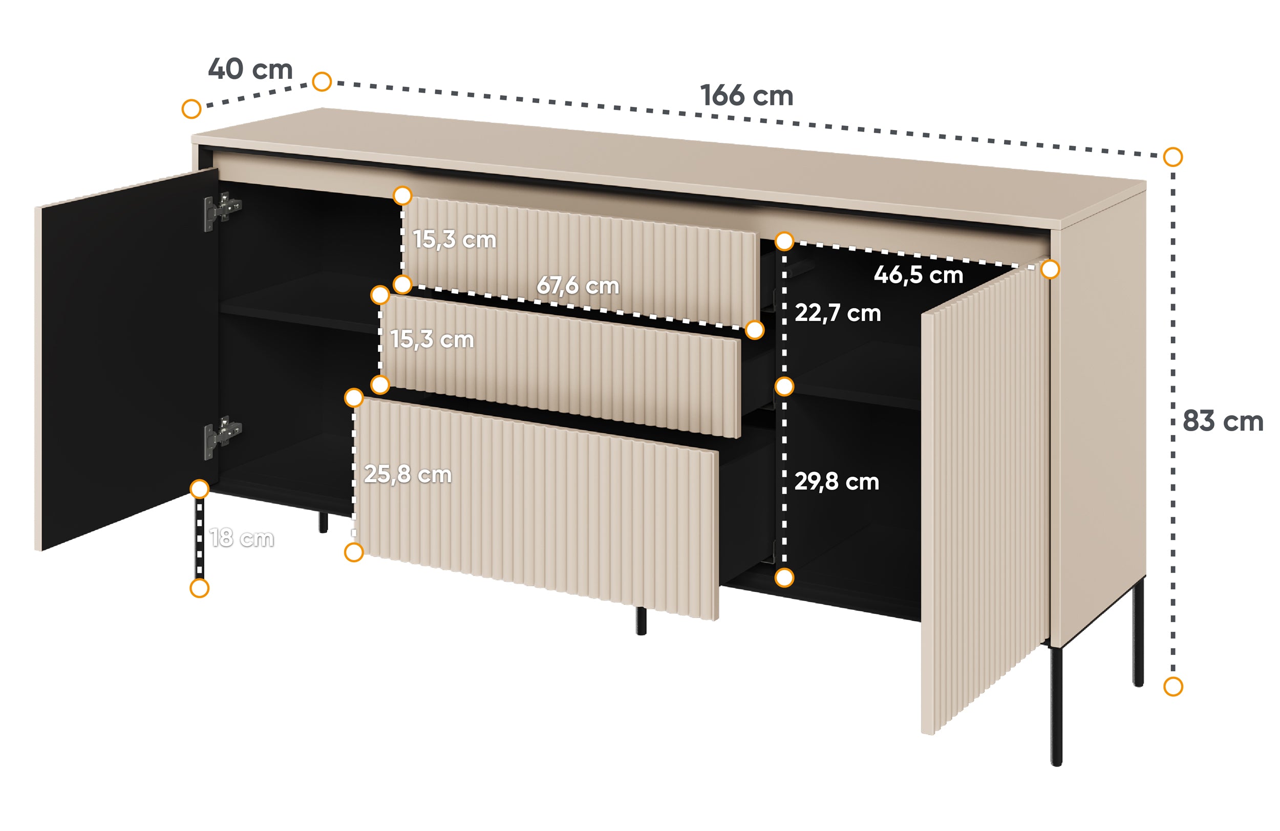 Komoda dwudrzwiowa Trend 166 cm z trzema szufladami z LED Beżowa