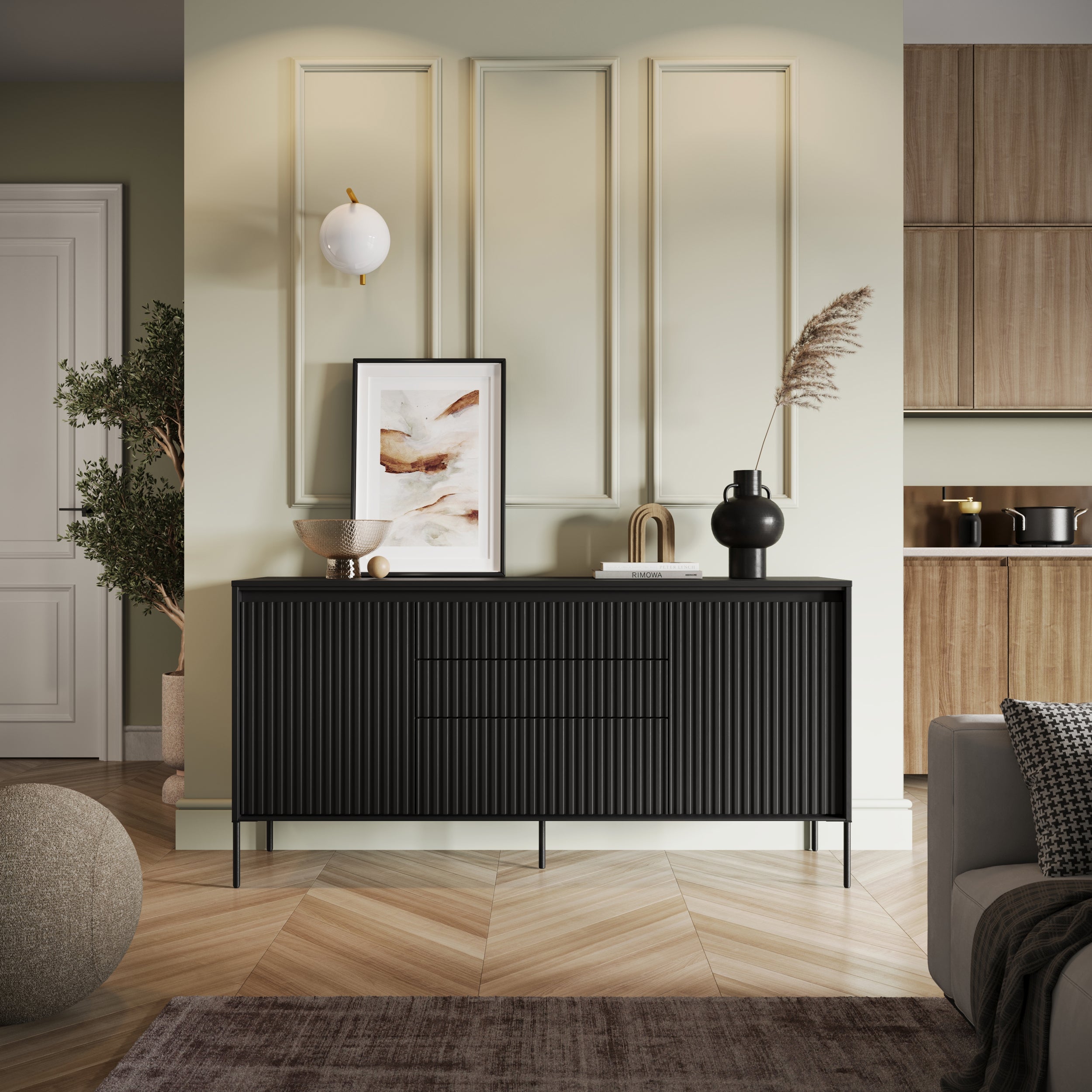 Komoda dwudrzwiowa Trend 166 cm z trzema szufladami z LED Czarna
