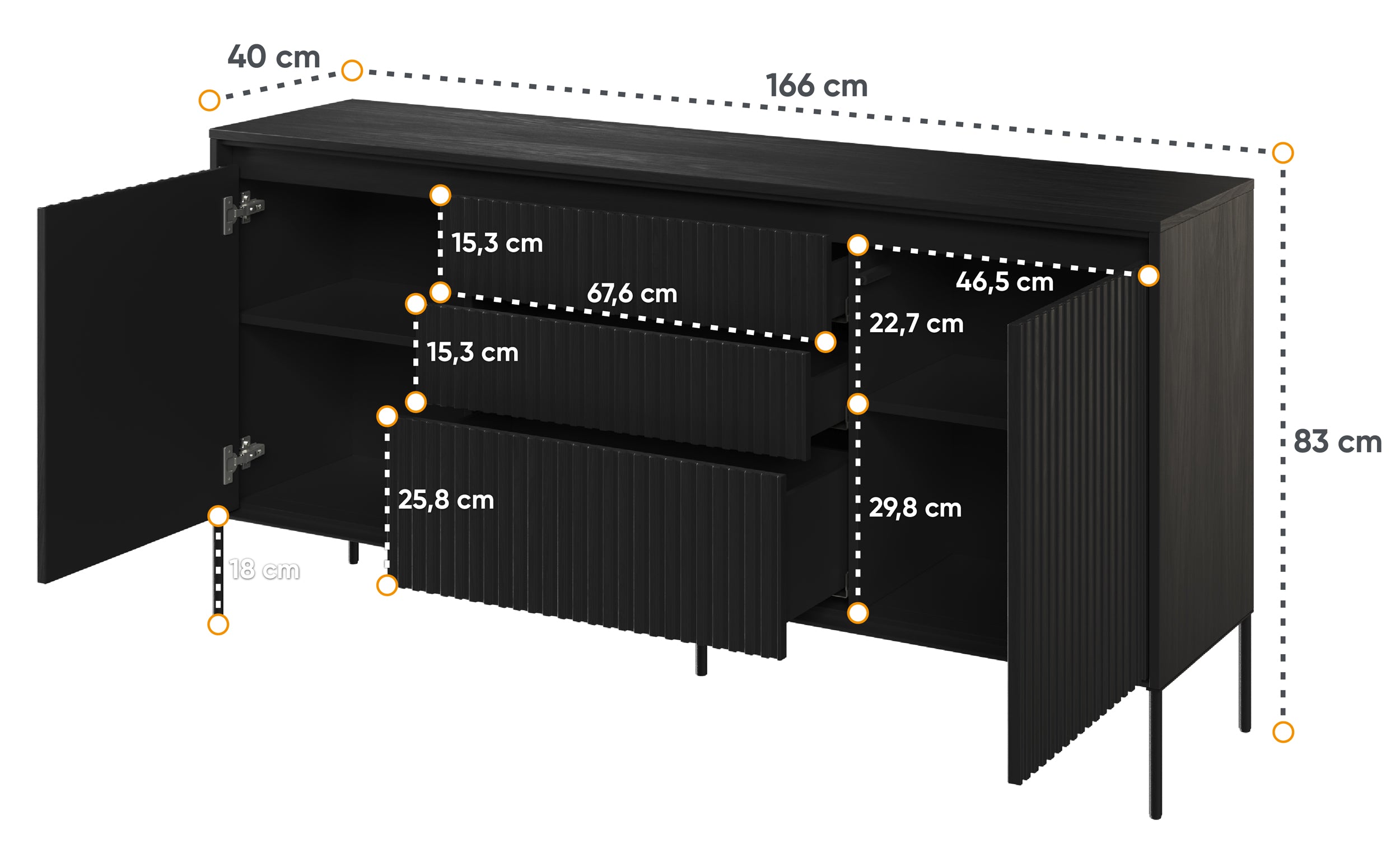 Komoda dwudrzwiowa Trend 166 cm z trzema szufladami z LED Czarna
