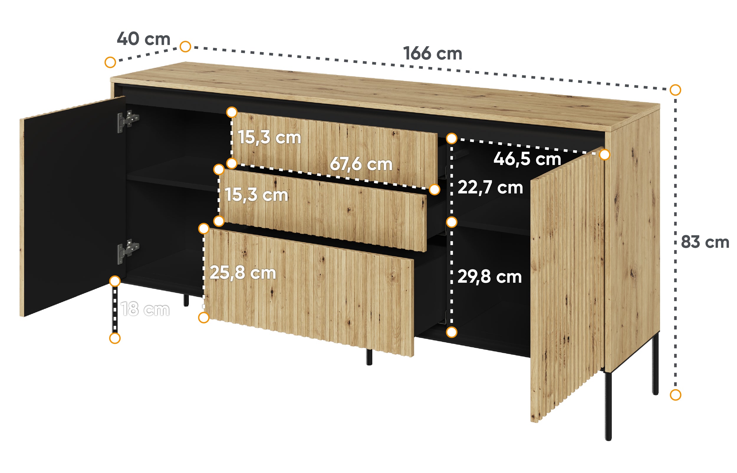 Komoda dwudrzwiowa Trend 166 cm z trzema szufladami z LED Dąb artisan