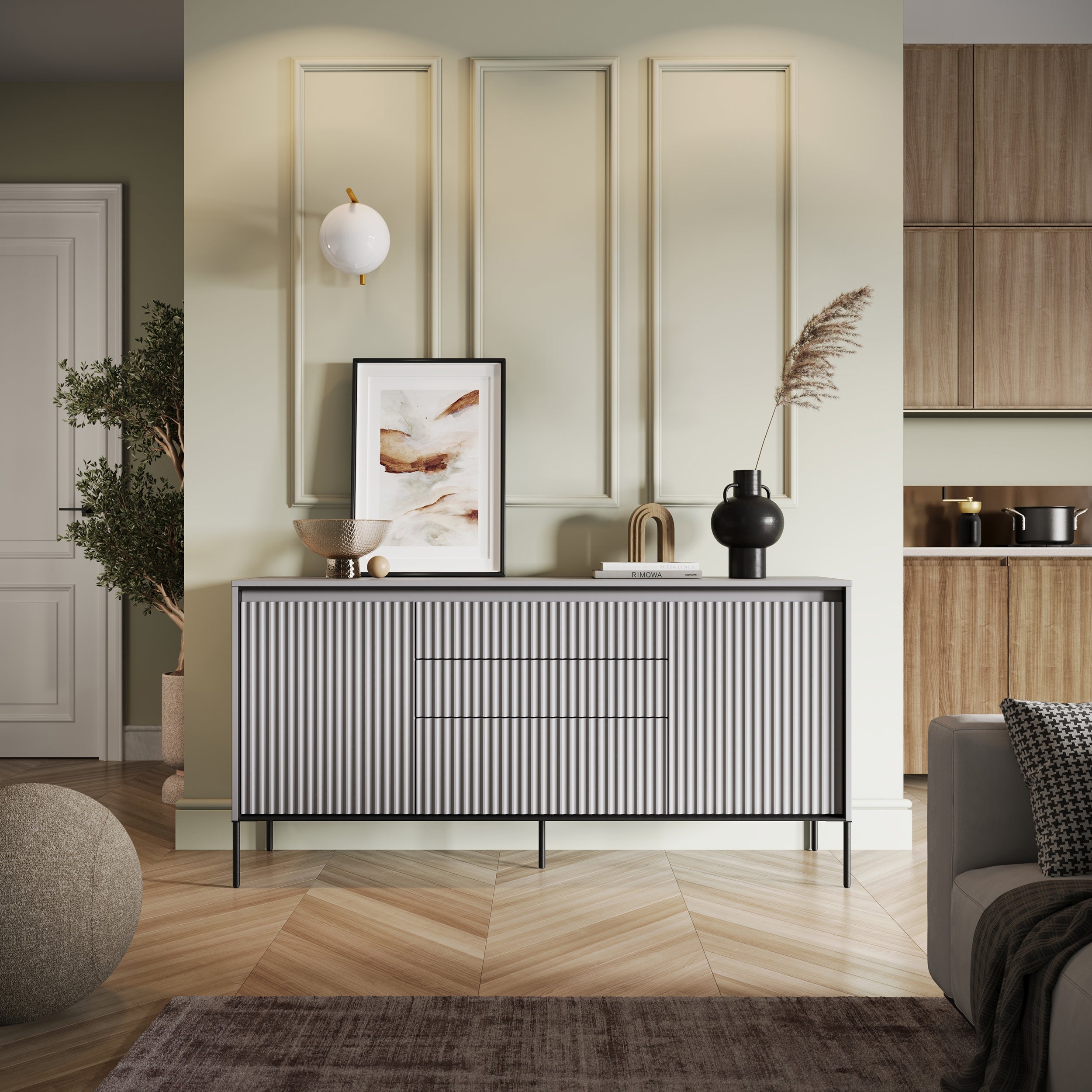Komoda dwudrzwiowa Trend 166 cm z trzema szufladami z LED Szara