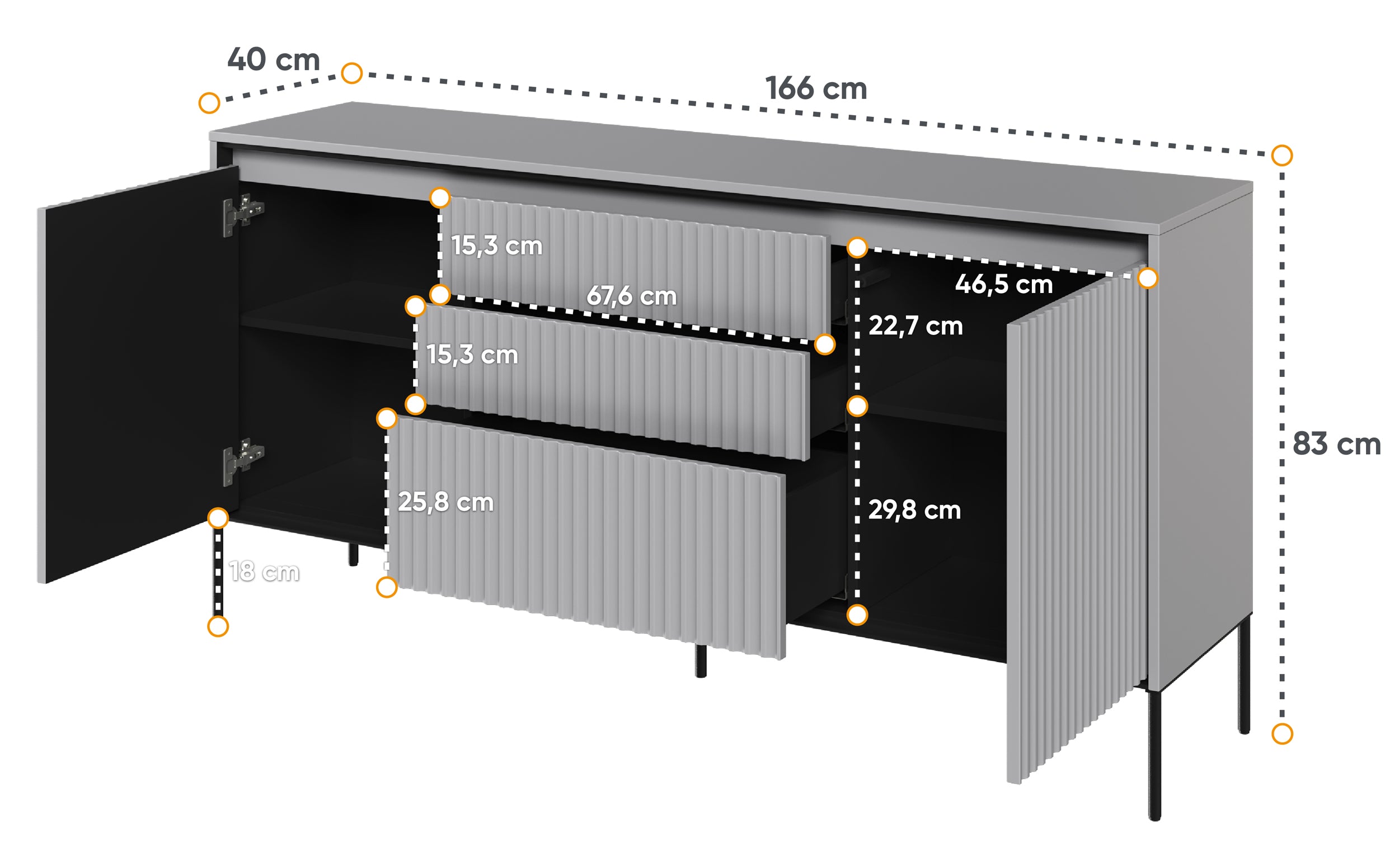Komoda dwudrzwiowa Trend 166 cm z trzema szufladami z LED Szara