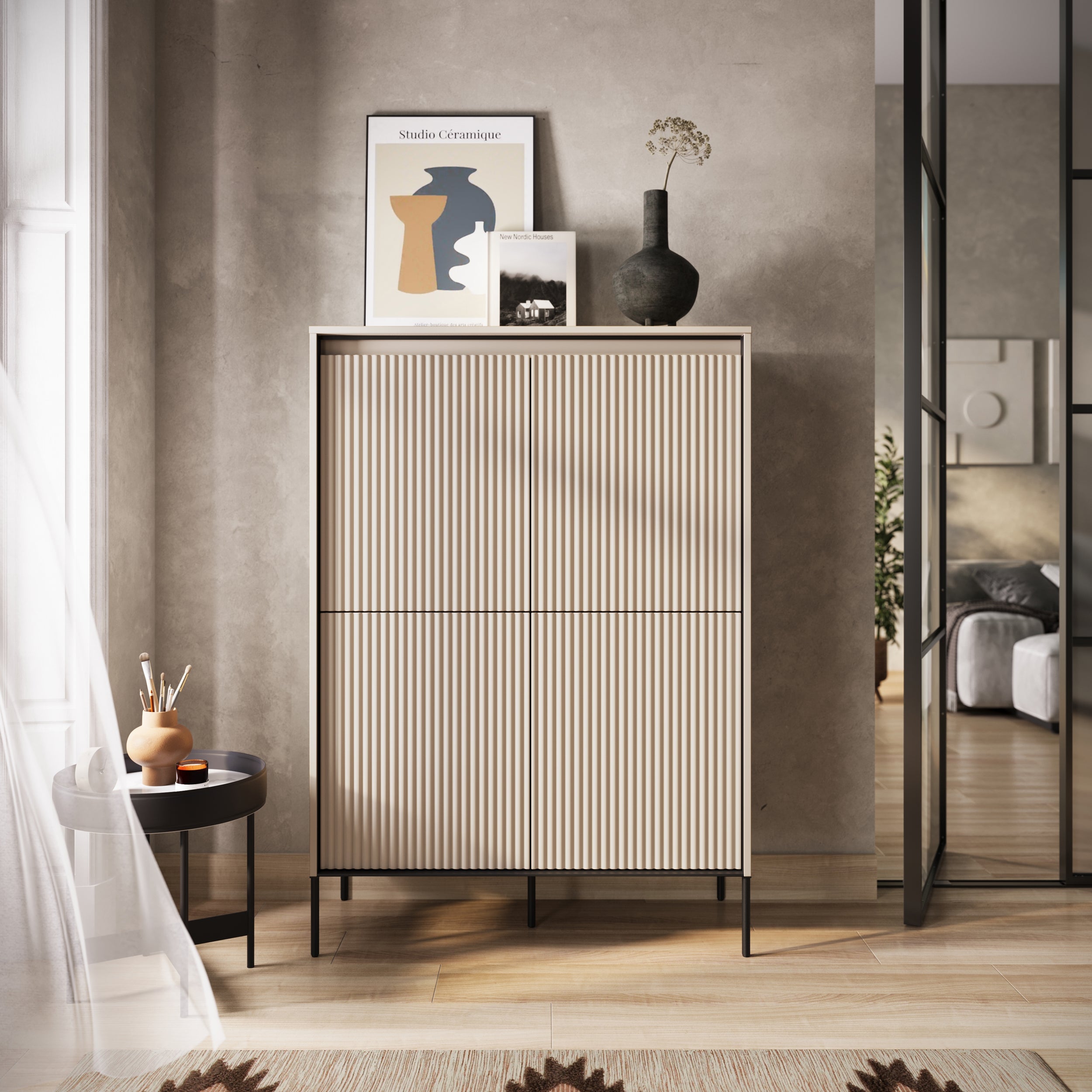 Komoda czterodrzwiowa Trend wysoka 98 cm z LED Beżowa
