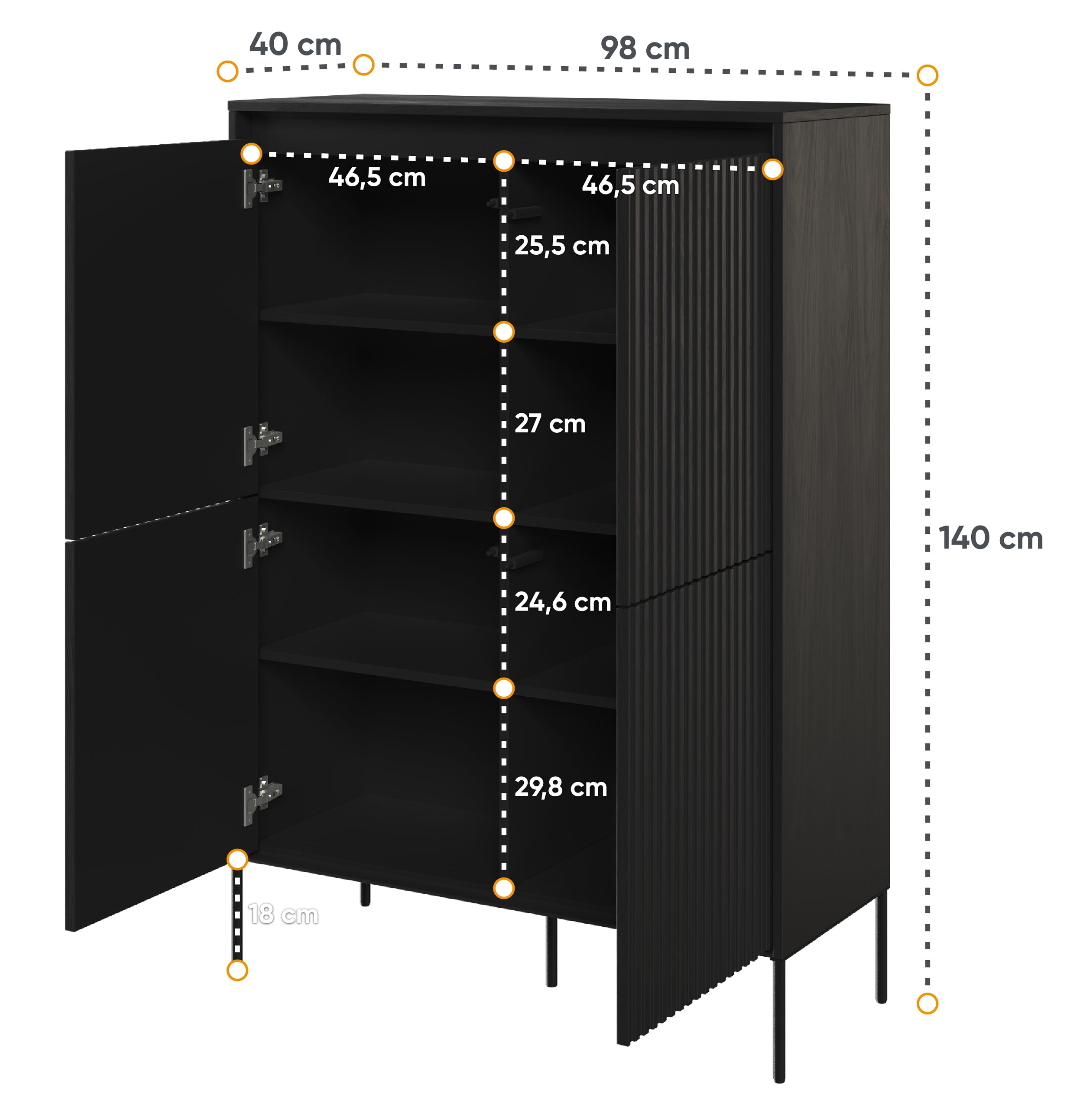 Komoda czterodrzwiowa Trend wysoka 98 cm z LED Czarna
