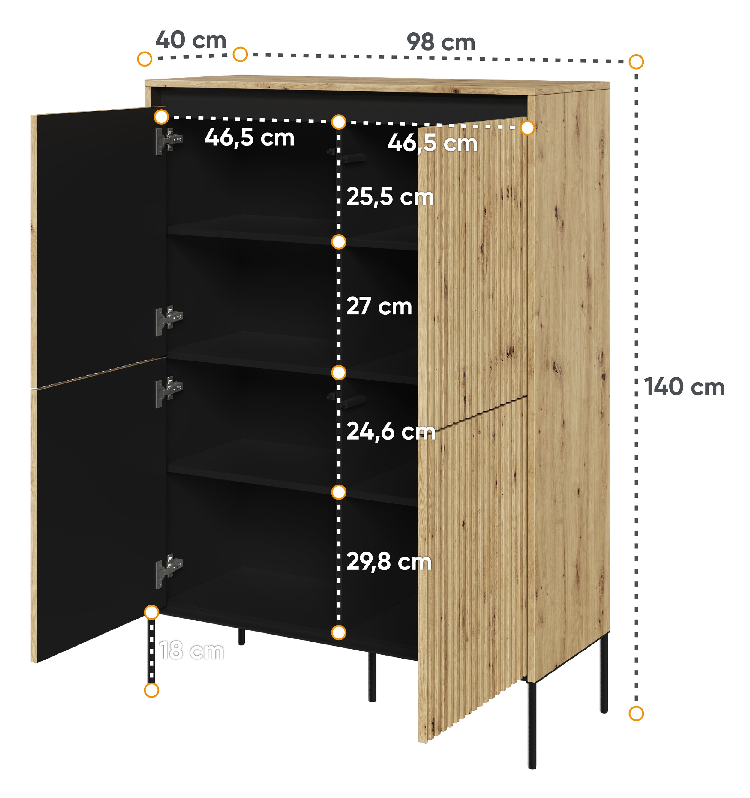 Komoda czterodrzwiowa Trend wysoka 98 cm z LED Dąb artisan