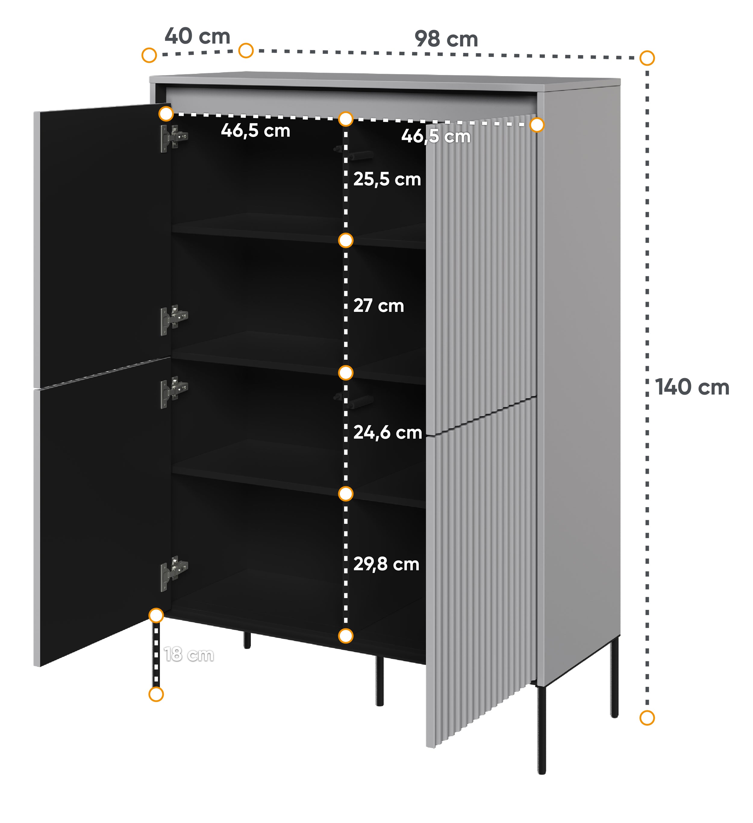 Komoda czterodrzwiowa Trend wysoka 98 cm z LED Szara