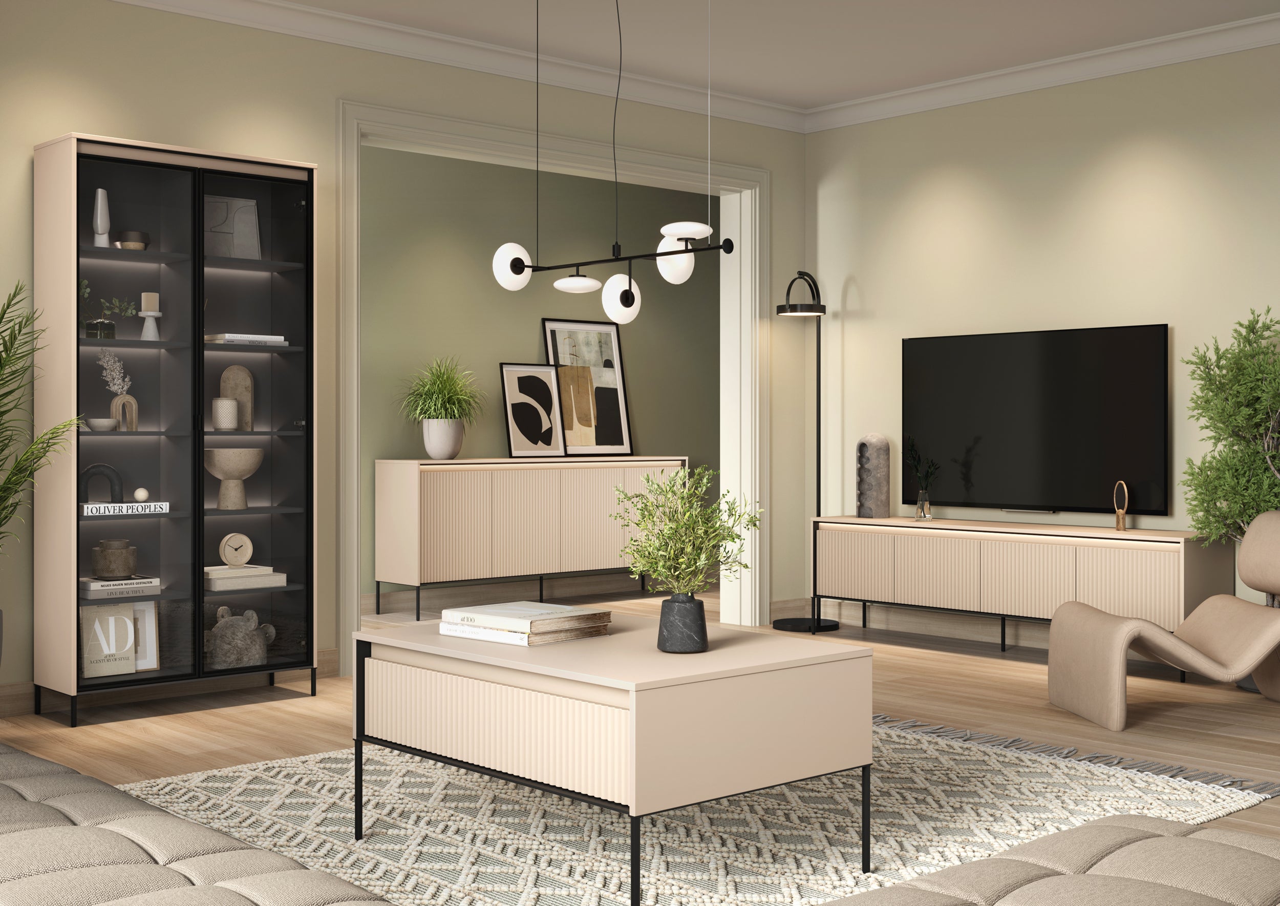 Komoda czterodrzwiowa Trend niska 193 cm z LED Beżowa