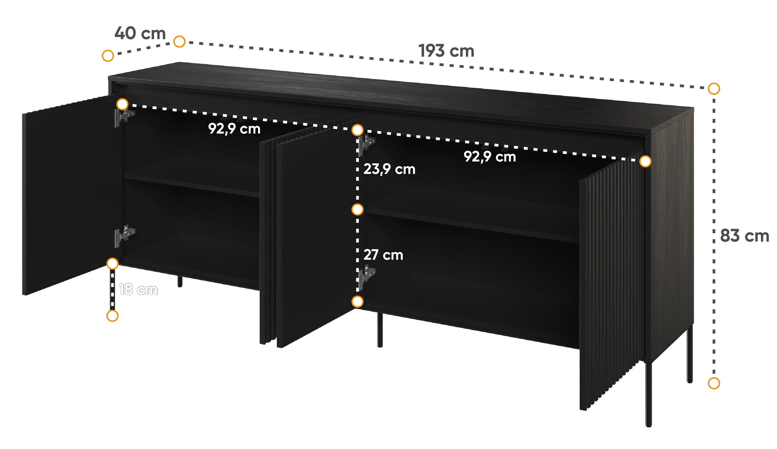 Komoda czterodrzwiowa Trend niska 193 cm z LED Czarna
