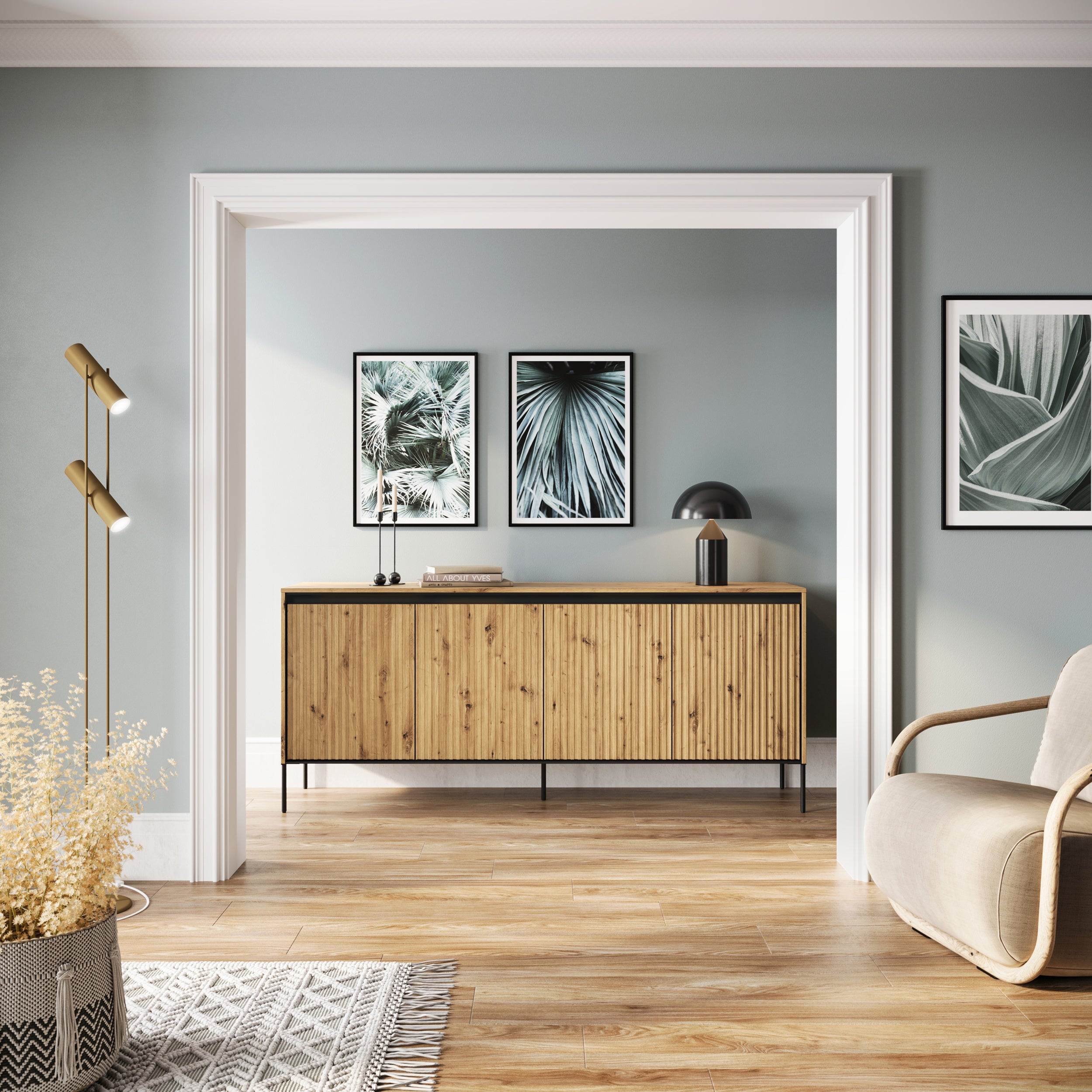 Komoda czterodrzwiowa Trend niska 193 cm z LED Dąb artisan