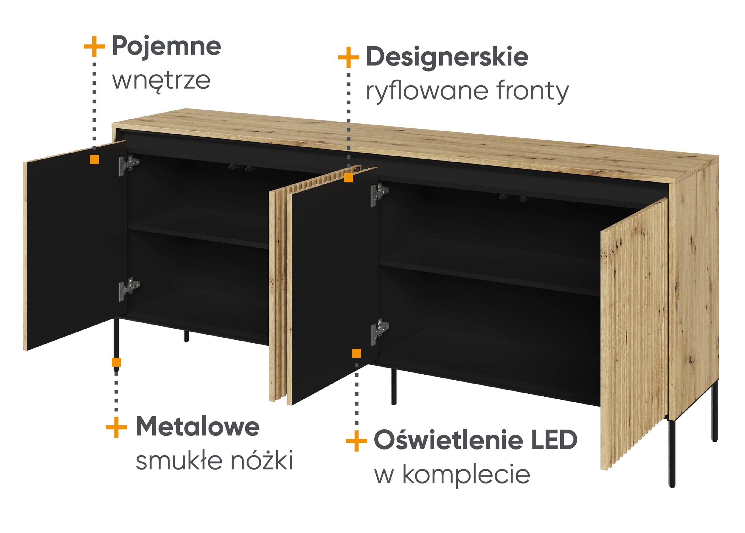 Komoda czterodrzwiowa Trend niska 193 cm z LED Dąb artisan