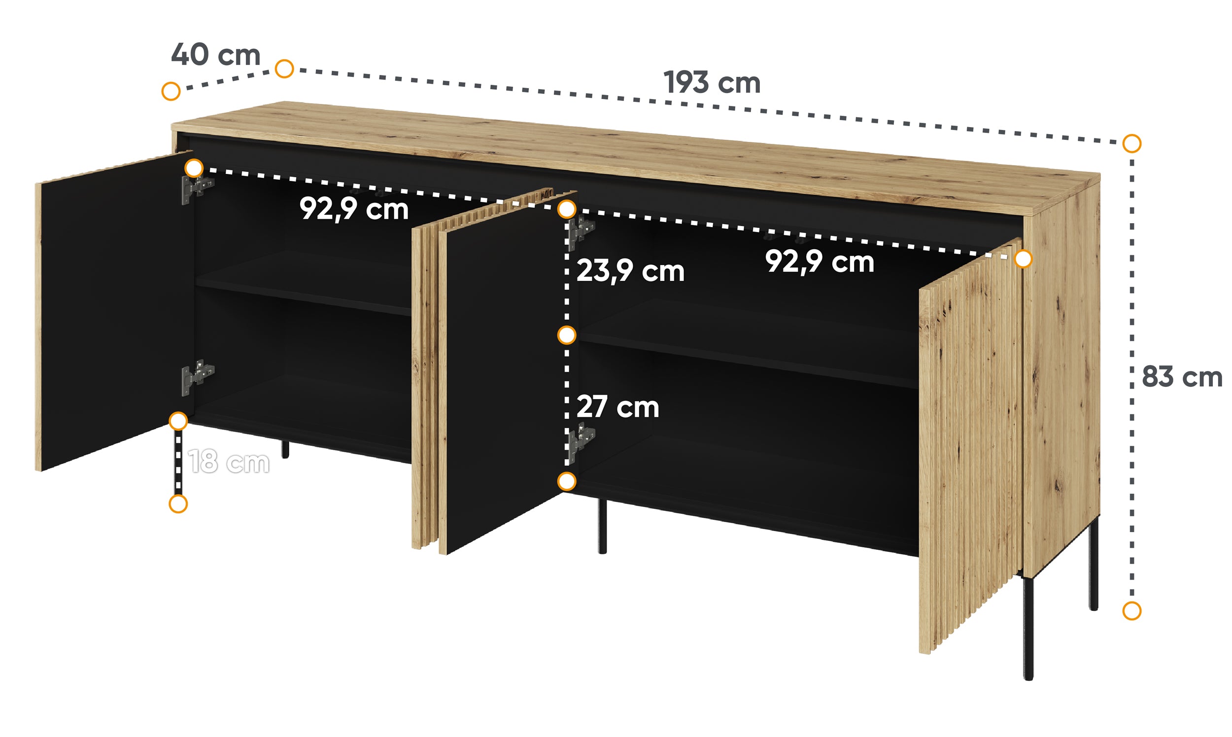 Komoda czterodrzwiowa Trend niska 193 cm z LED Dąb artisan