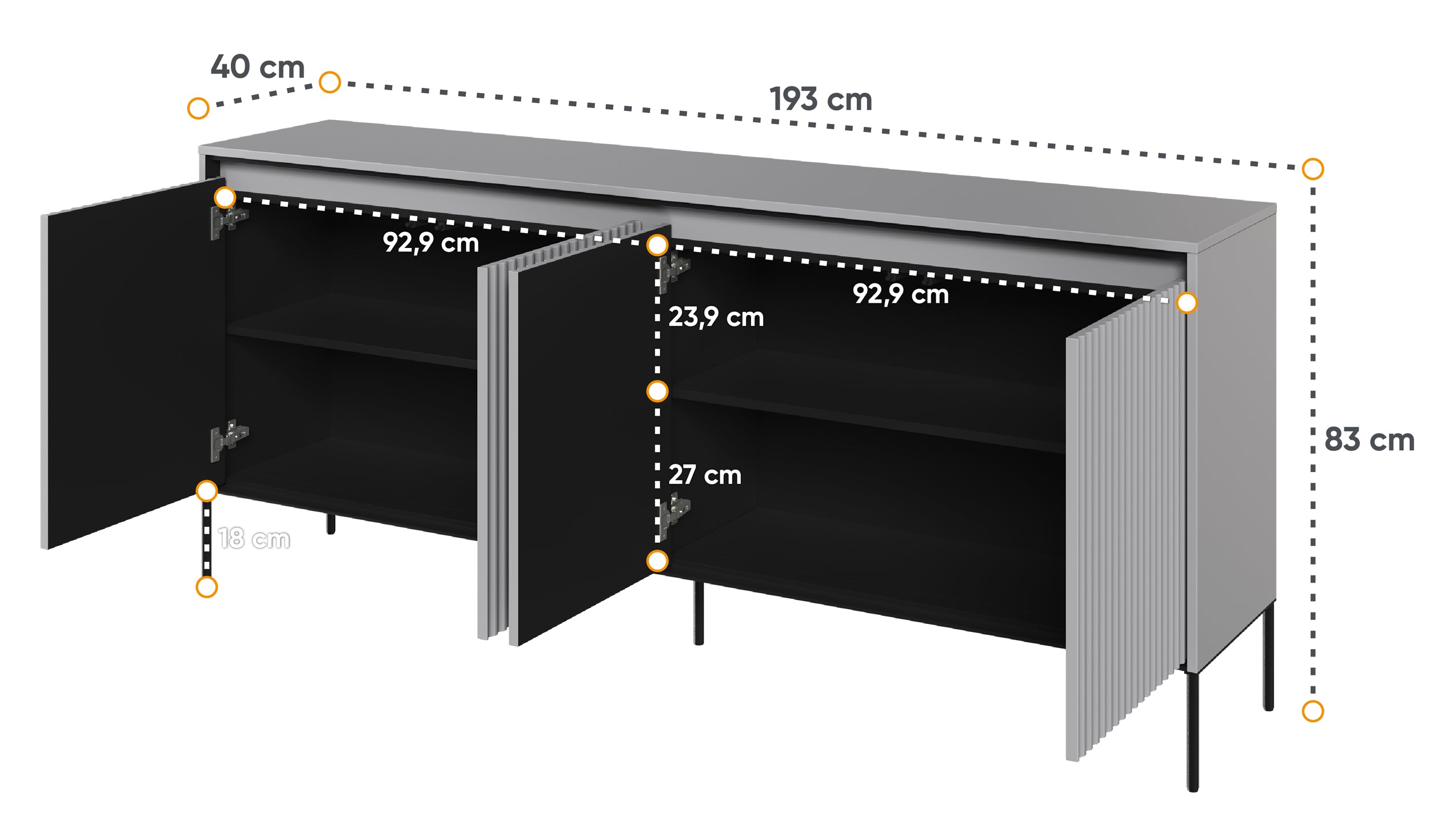 Komoda czterodrzwiowa Trend niska 193 cm z LED Szara