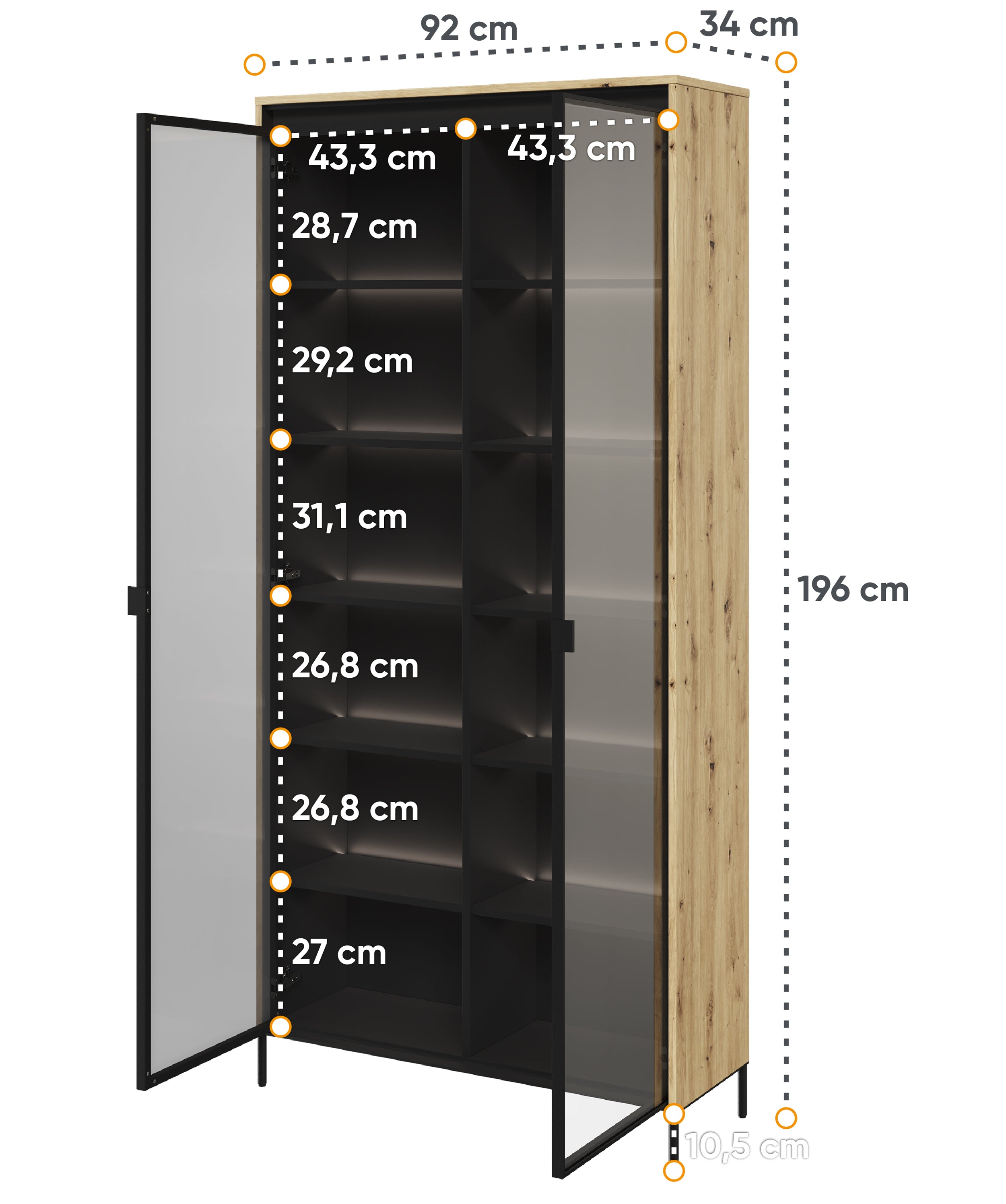 Witryna dwudrzwiowa Trend 92 cm z LED Dąb artisan