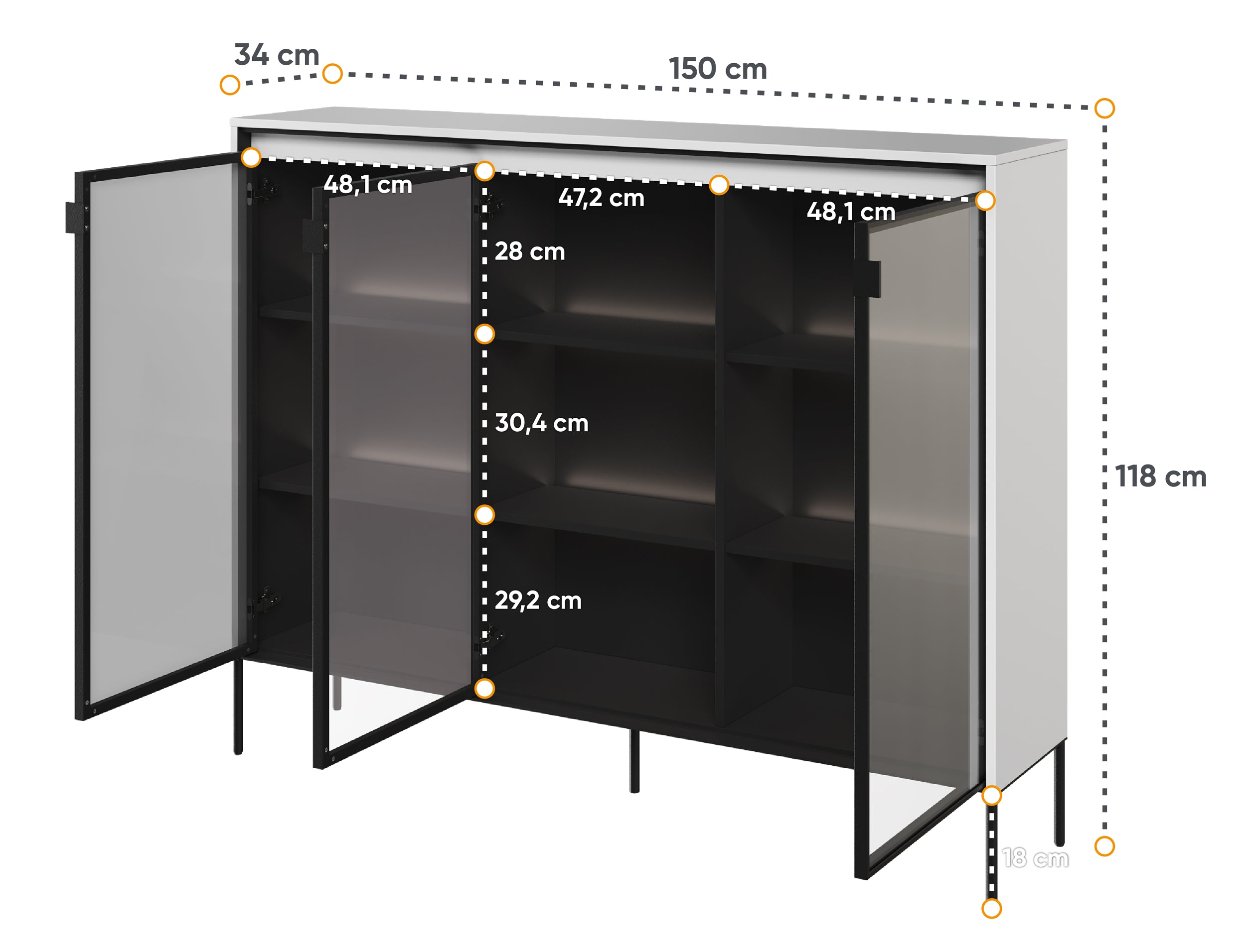 Witryna trzydrzwiowa Trend 150 cm z LED Biała