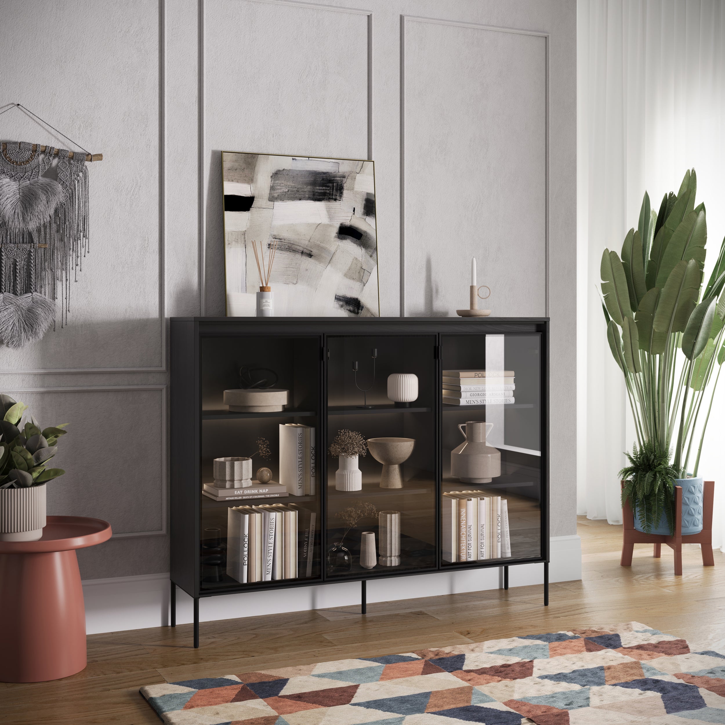 Witryna trzydrzwiowa Trend 150 cm z LED Czarna