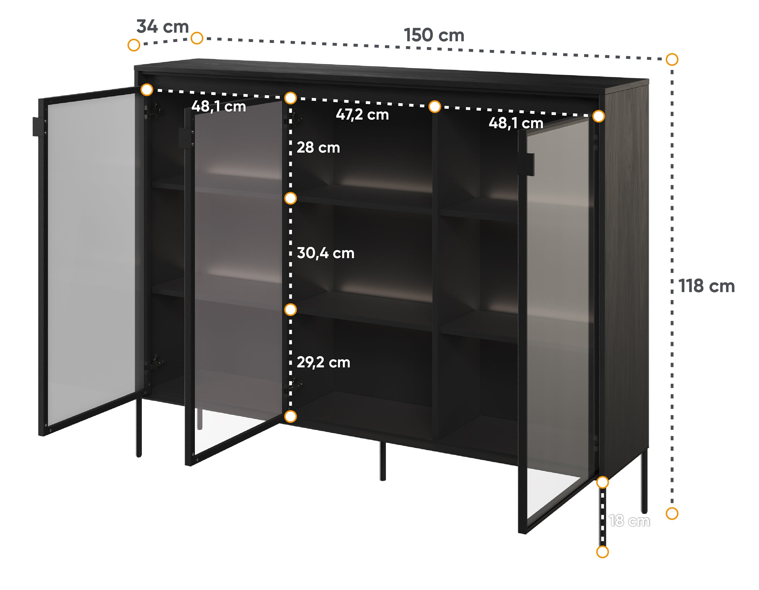 Witryna trzydrzwiowa Trend 150 cm z LED Czarna