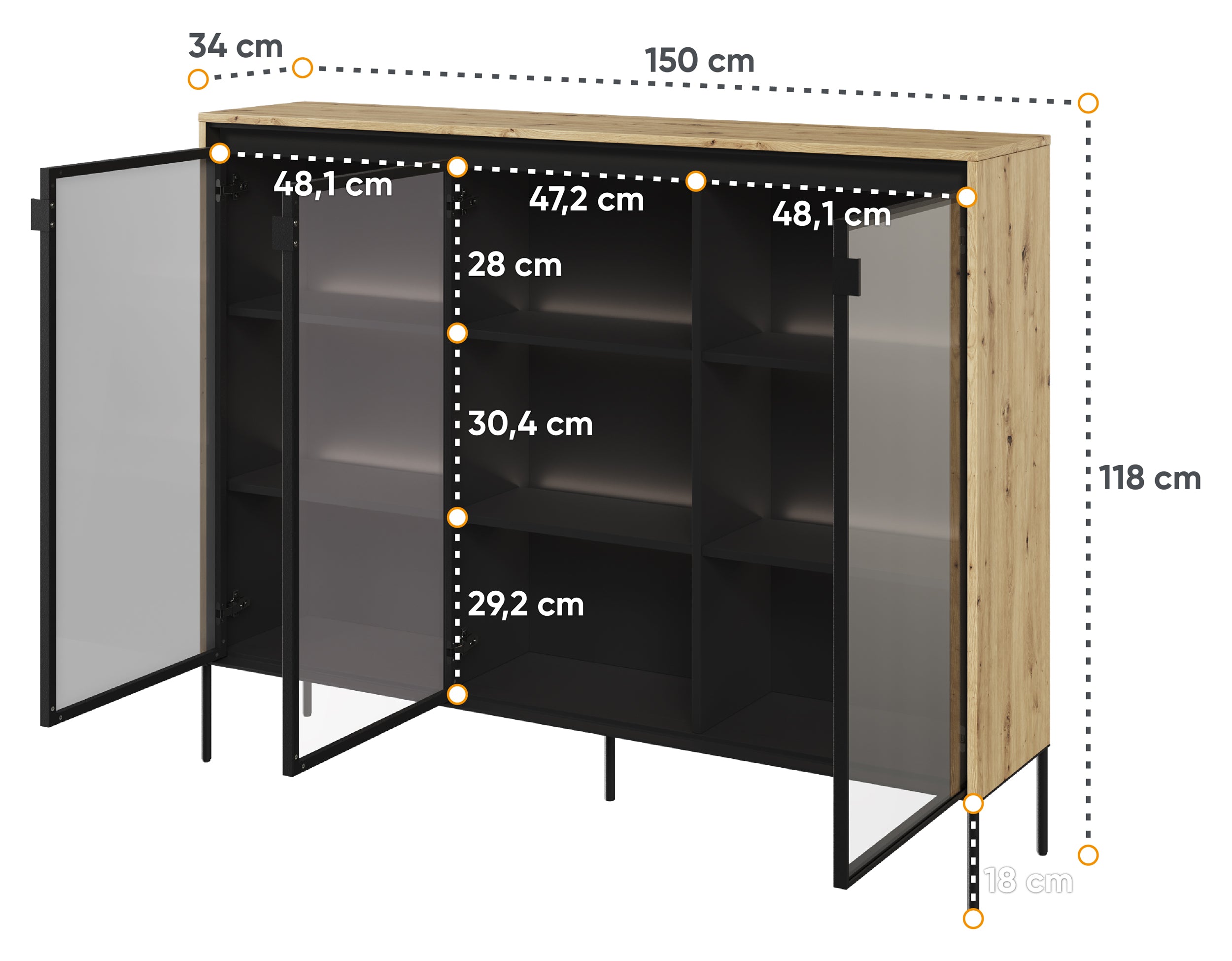Witryna trzydrzwiowa Trend 150 cm z LED Dąb artisan