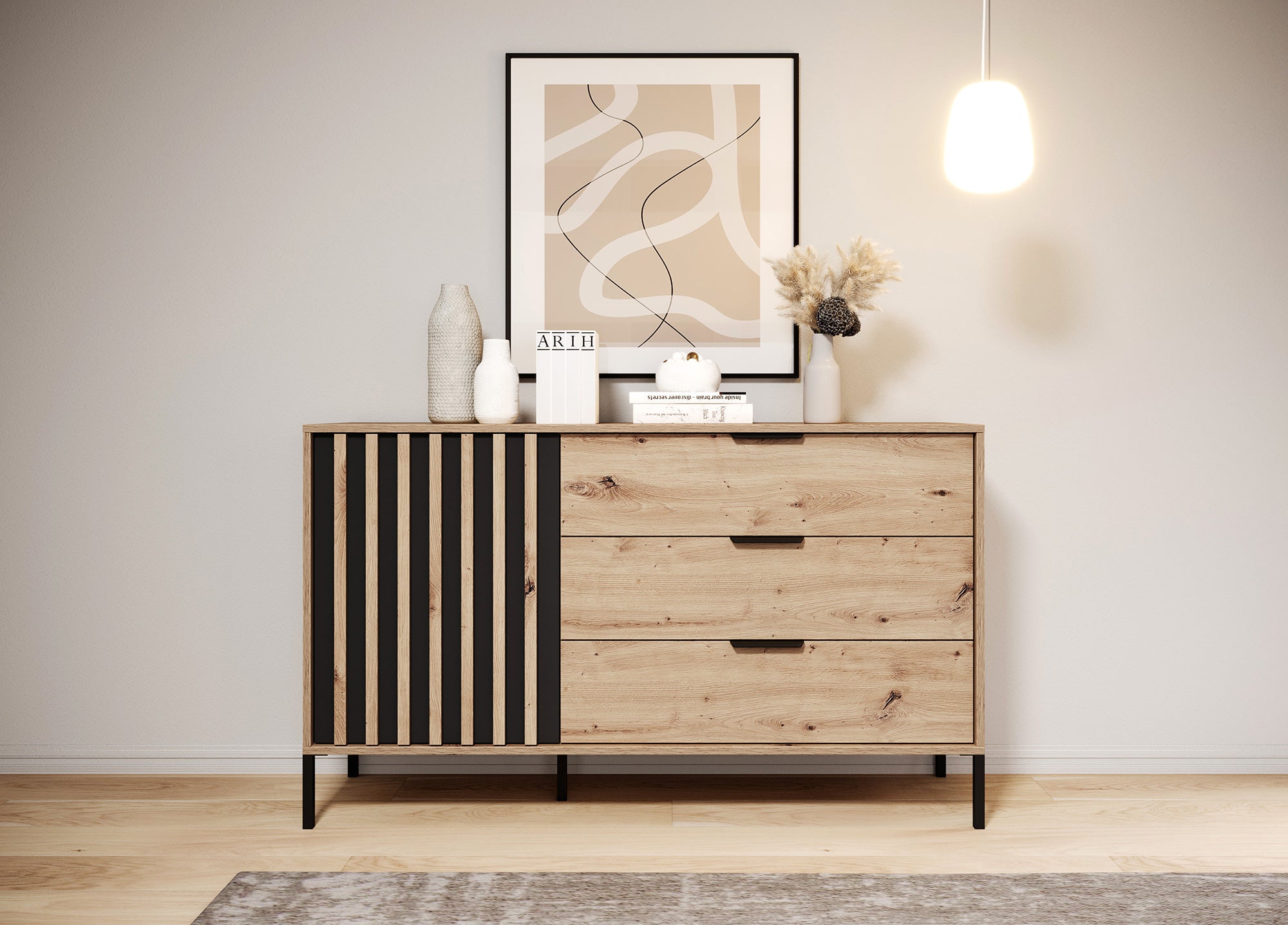 Komoda Tukoma jednodrzwiowa z szufladami 138 cm Dąb artisan / Antracyt