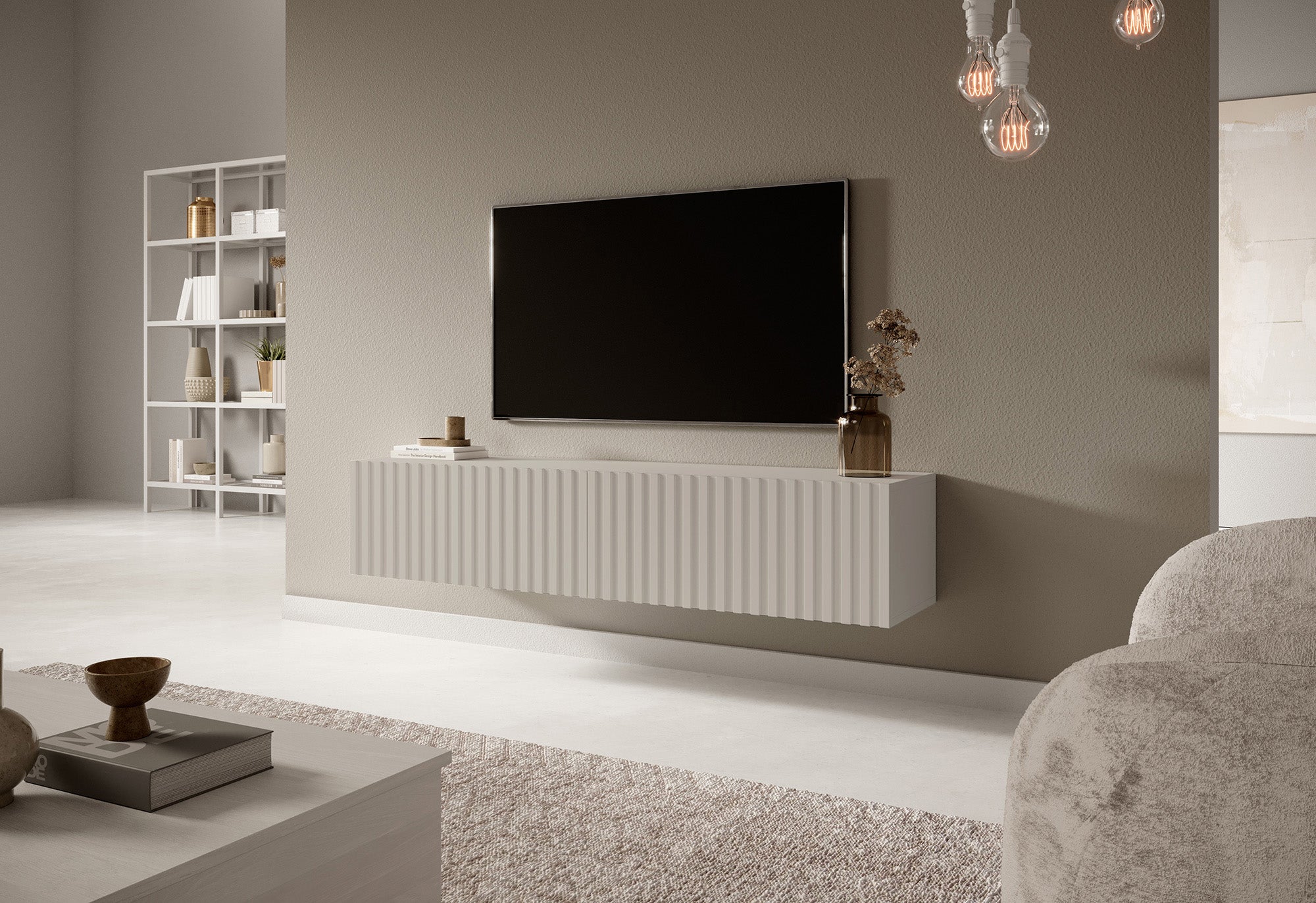 Szafka RTV Telire 138,6 cm Szary beż z lamelowym frontem