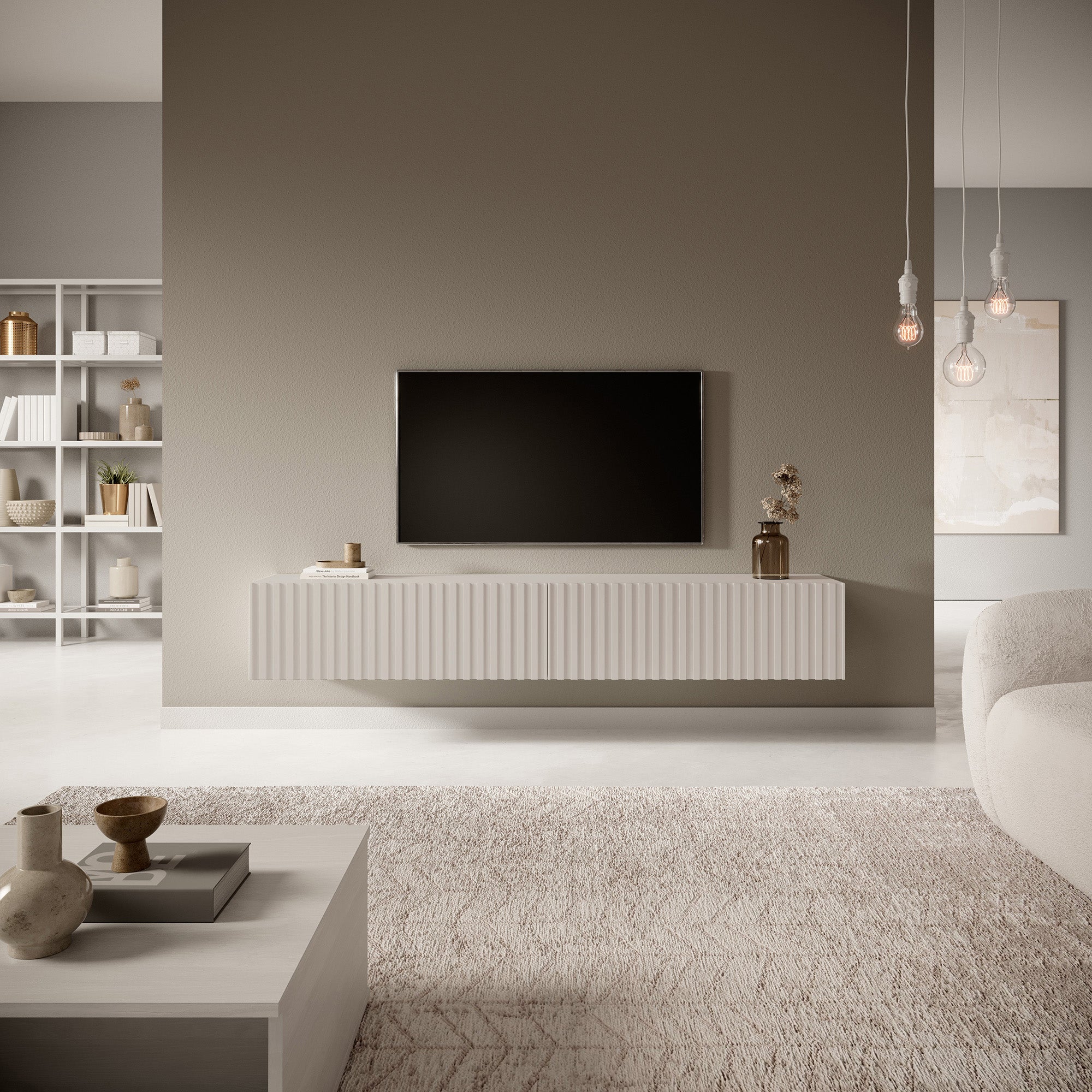 Szafka RTV Telire 175 cm Szary beż z lamelowym frontem