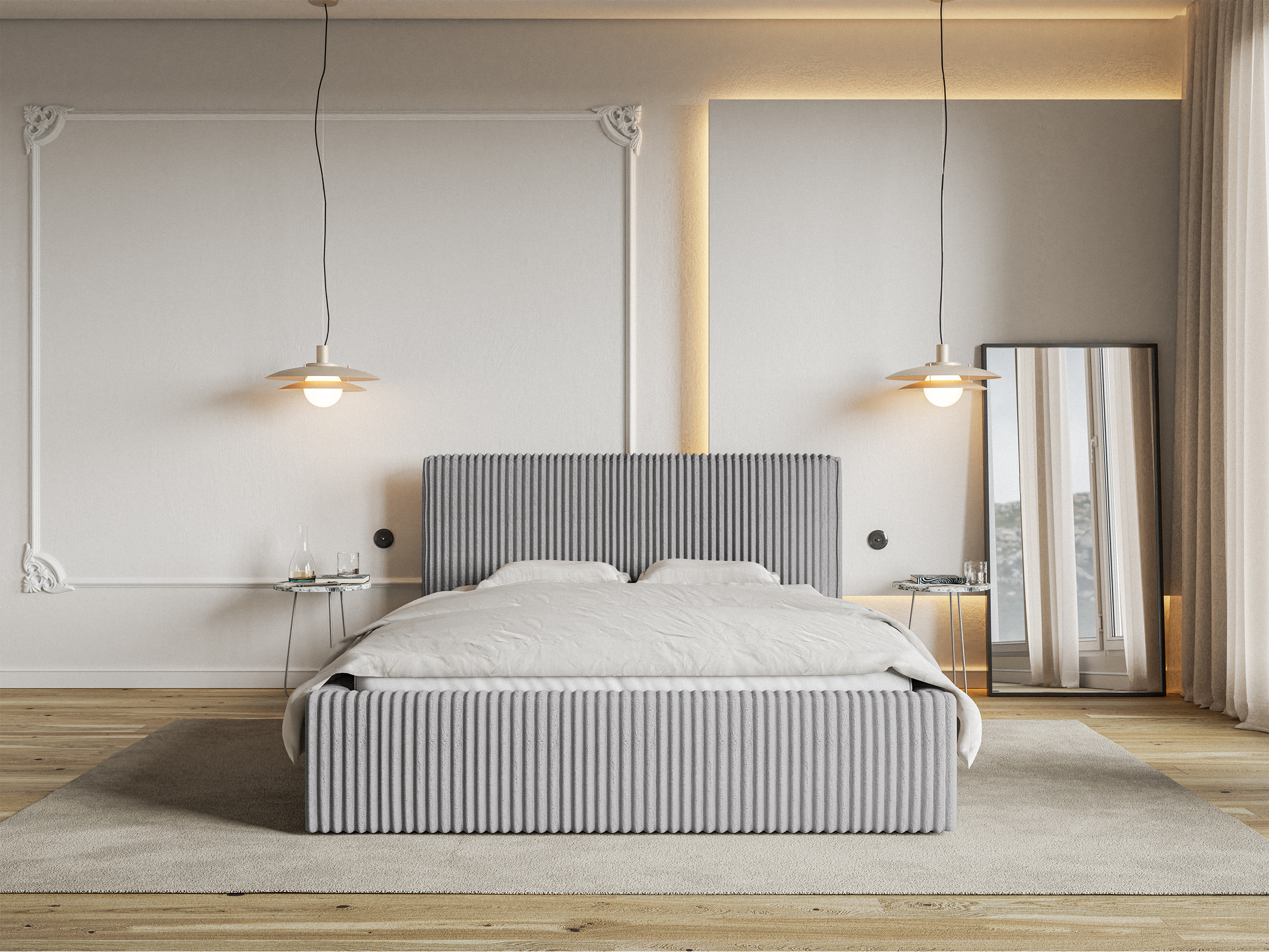 Łóżko tapicerowane 180x200 cm Tilio z pojemnikiem stelaż metalowy jasnoszare gruby sztruks