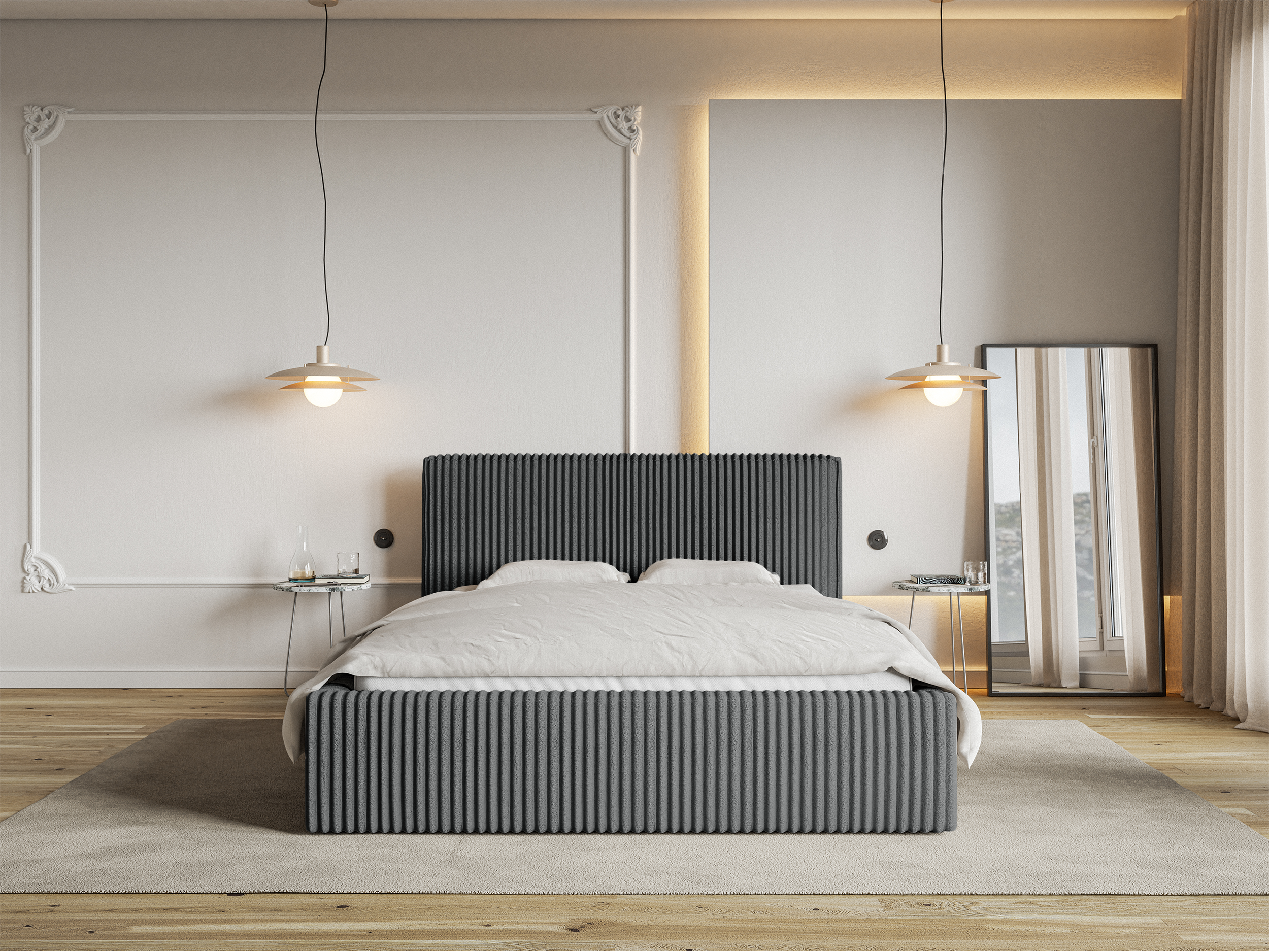 Łóżko tapicerowane 140x200 cm Tilio z pojemnikiem stelaż metalowy szare gruby sztruks