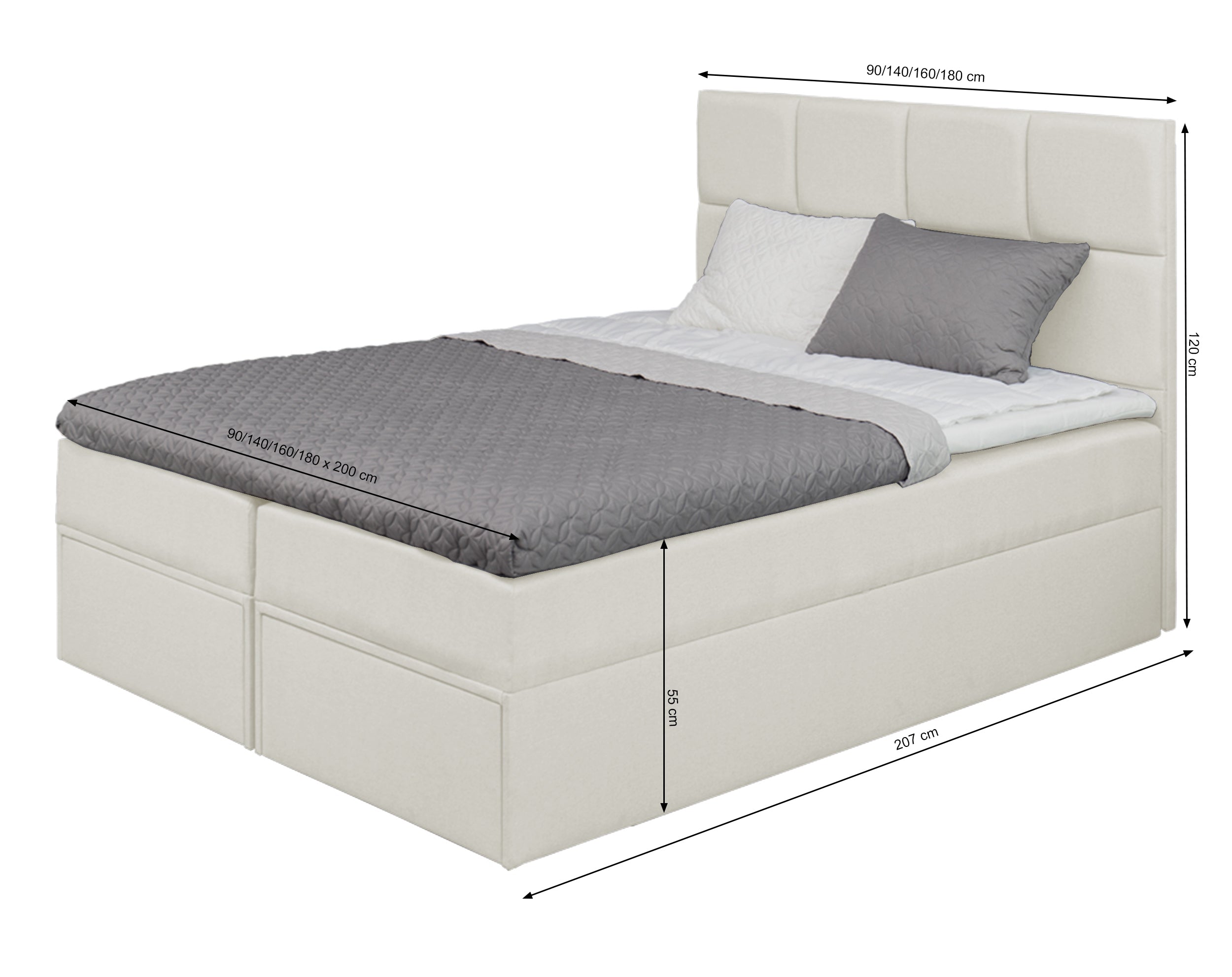Łóżko kontynentalne 140x200 cm Tokio z pojemnikami i szufladami jasnobeżowe welur hydrofobowy
