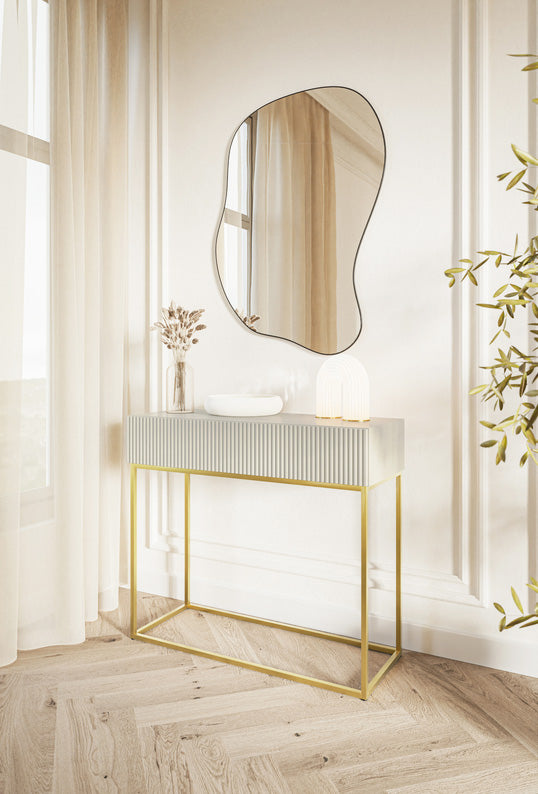 Konsola Veldio z frezowanym frontem i szufladą 90 cm Szary beż ze złotymi nogami