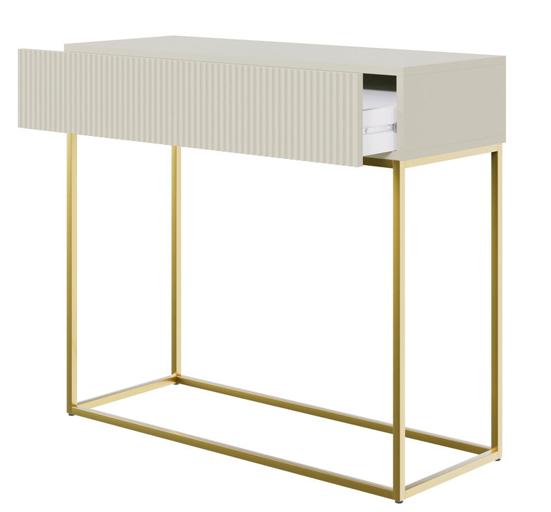 Konsola Veldio z frezowanym frontem i szufladą 90 cm Szary beż ze złotymi nogami