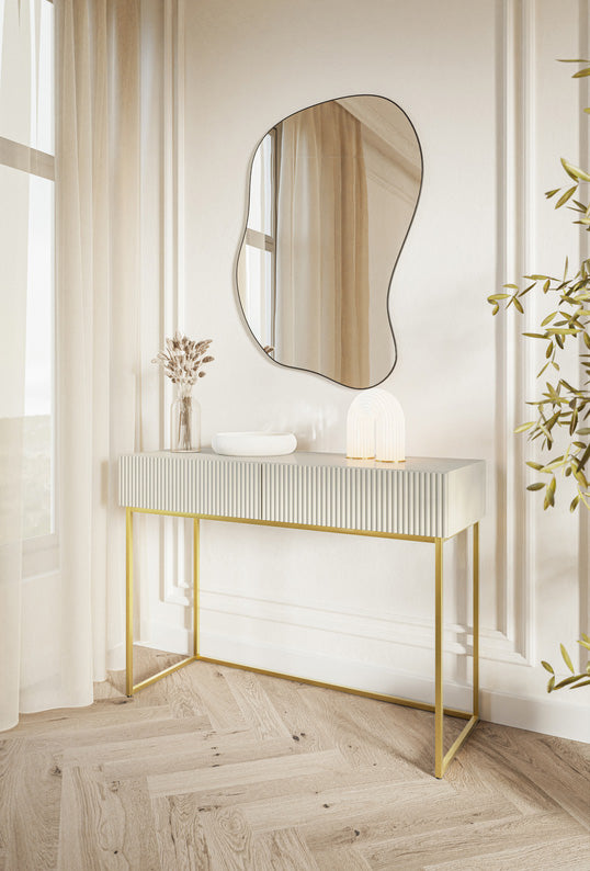 Toaletka Veldio z frezowanym frontem i dwiema szufladami 110 cm Szary beż ze złotymi nogami