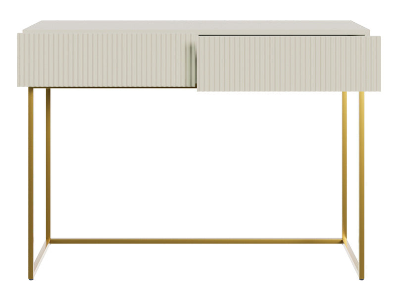 Toaletka Veldio z frezowanym frontem i dwiema szufladami 110 cm Szary beż ze złotymi nogami