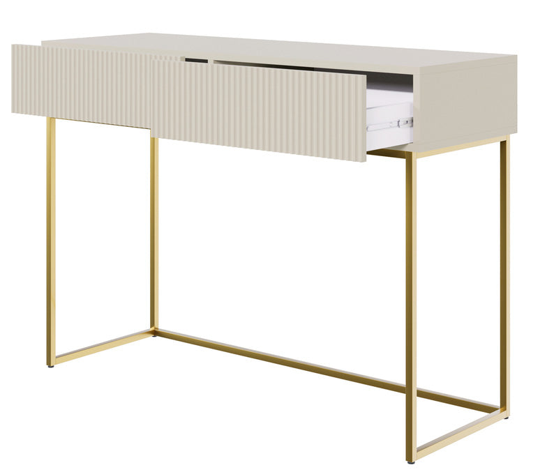 Toaletka Veldio z frezowanym frontem i dwiema szufladami 110 cm Szary beż ze złotymi nogami