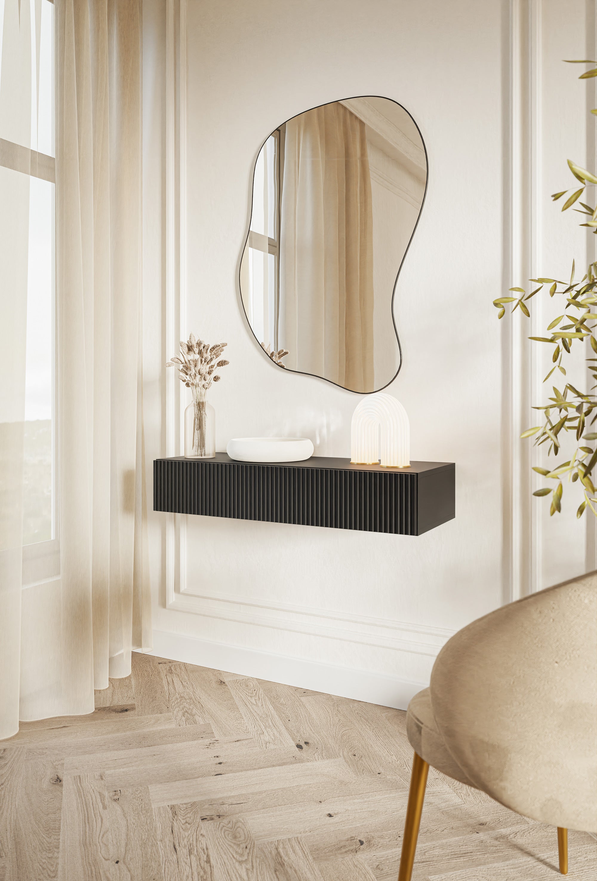 Konsola Veldio z frezowanym frontem i szufladą 90 cm Czarna wisząca