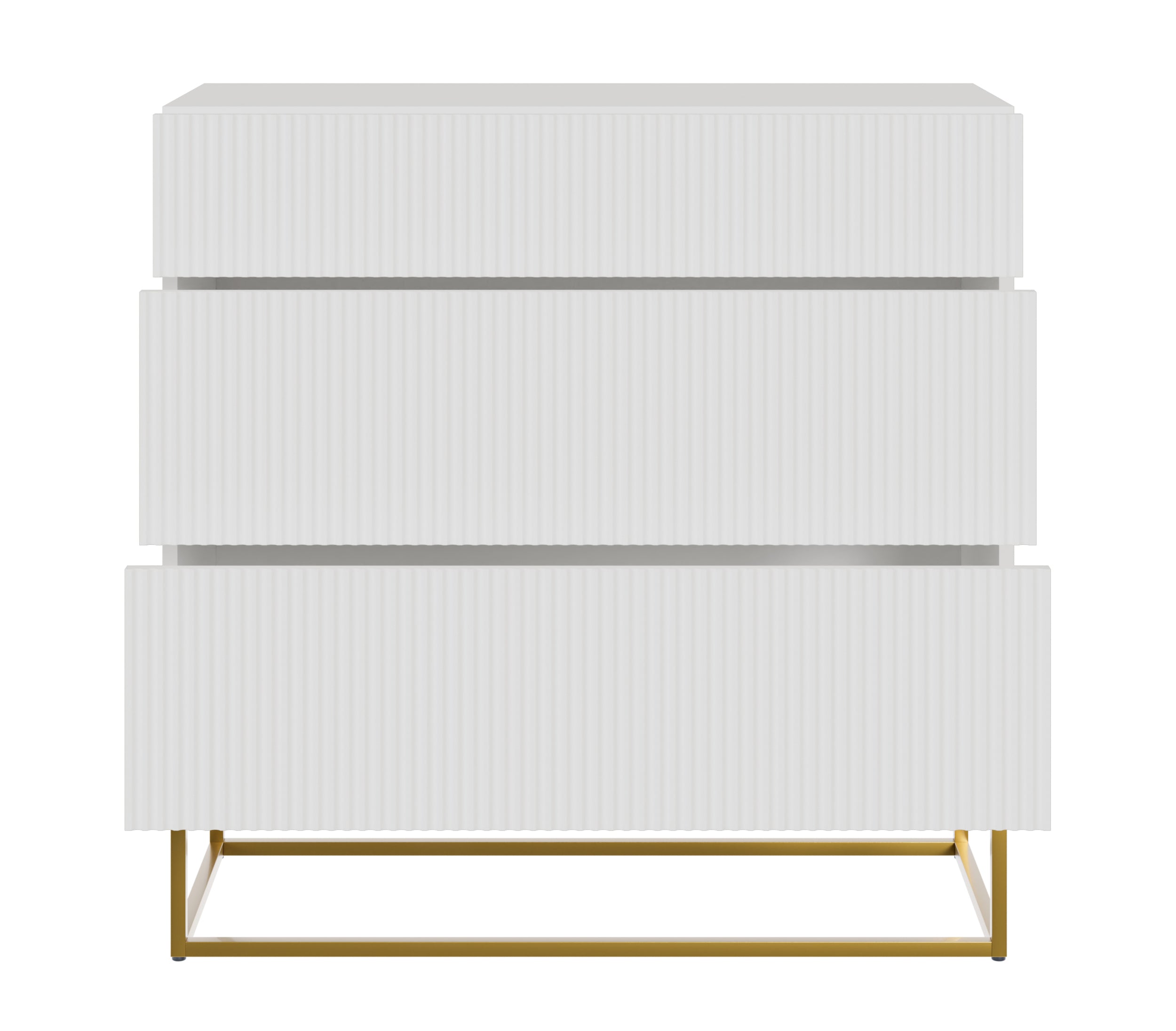Komoda Veldio z frezowanym frontem i trzema szufladami 90 cm Biała ze złotymi nogami