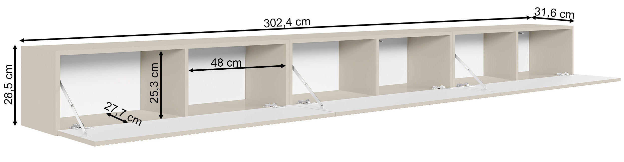 Szafka RTV trzydrzwiowa Veldio wisząca z ryflowanym frontem 300 cm szary beż
