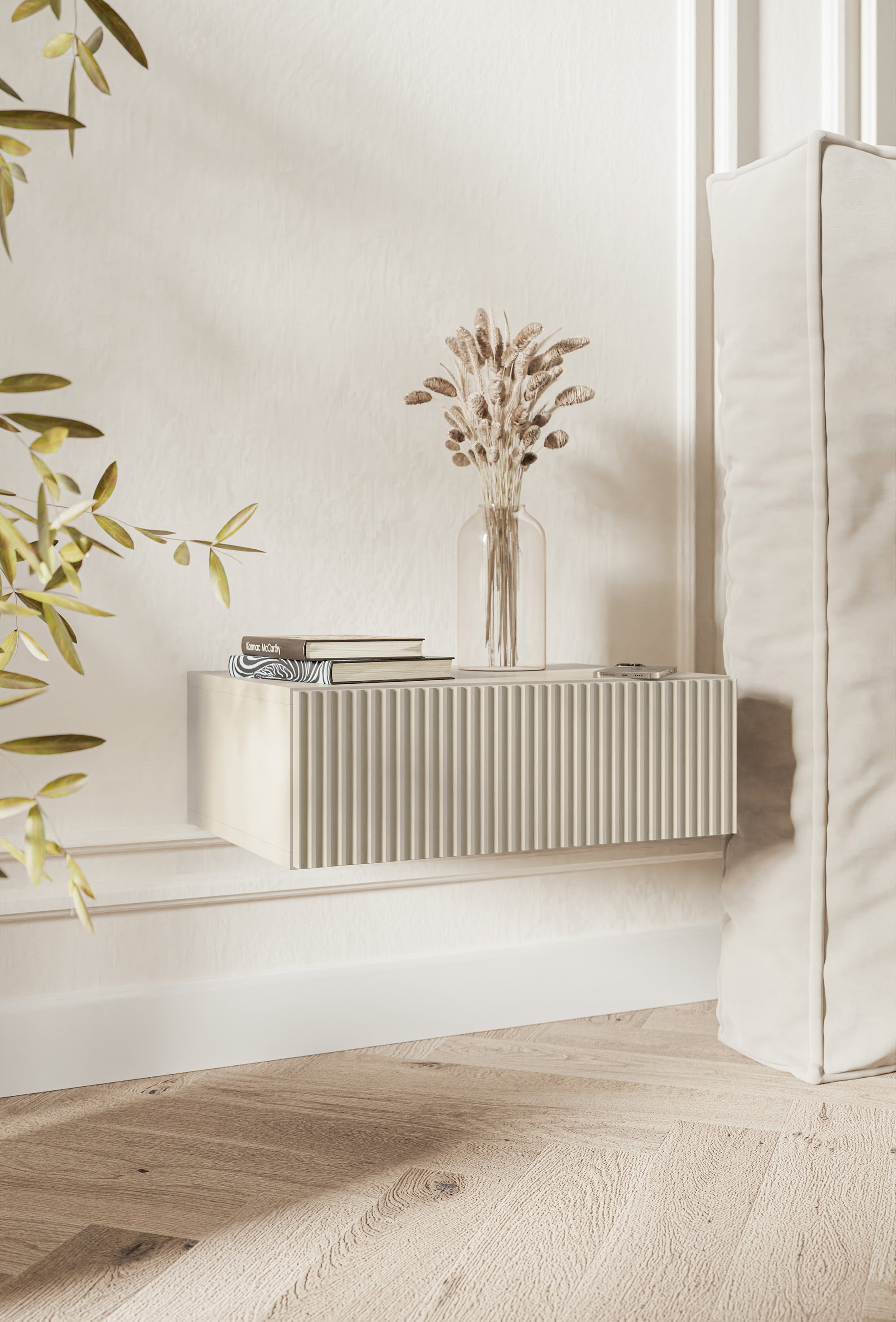 Szafka nocna Veldio z frezowanym frontem i szufladą 50 cm Szary beż wisząca