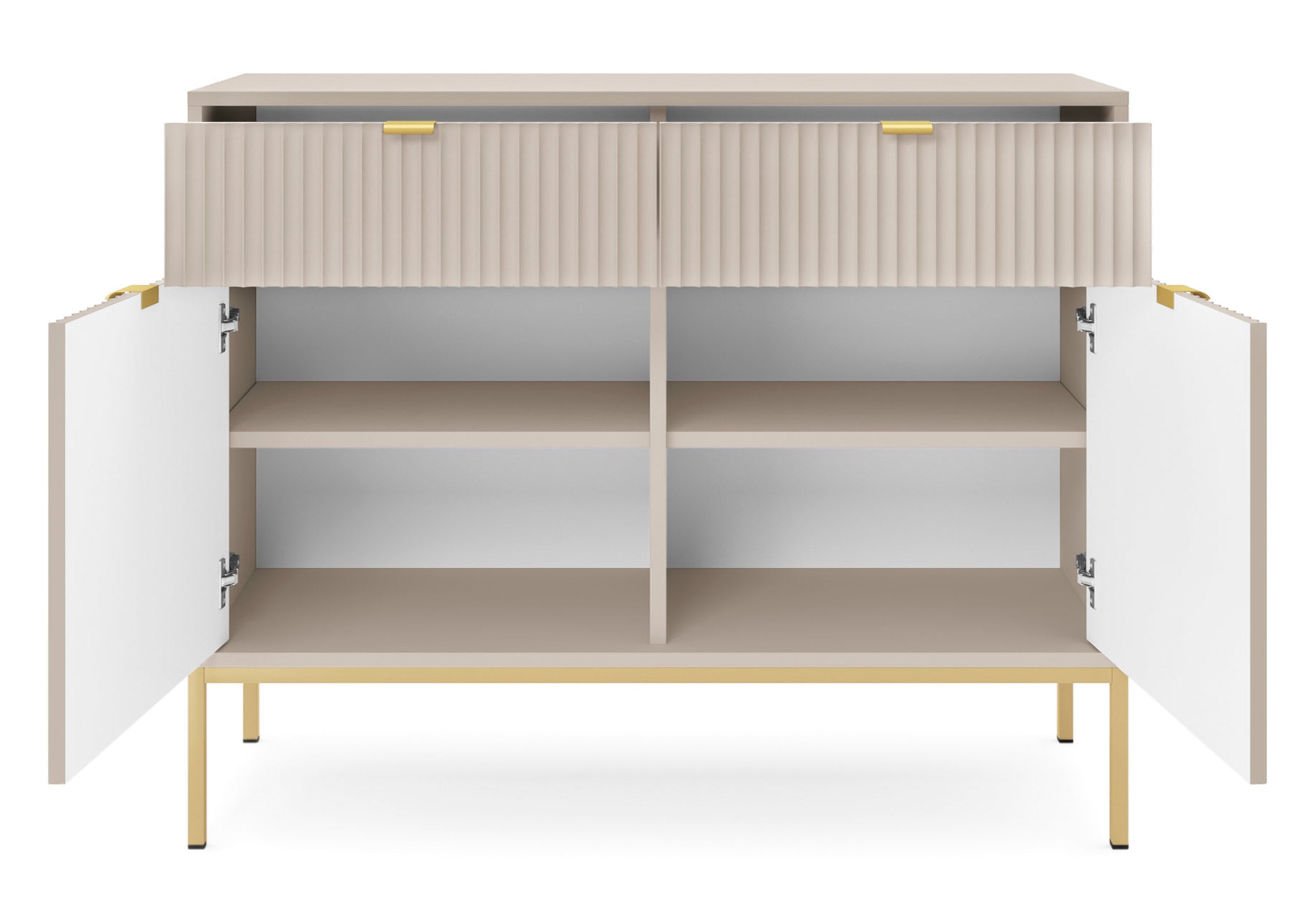 Komoda dwudrzwiowa Vellore 104 cm kaszmir z ryflowanymi frontami i złotym stelażem