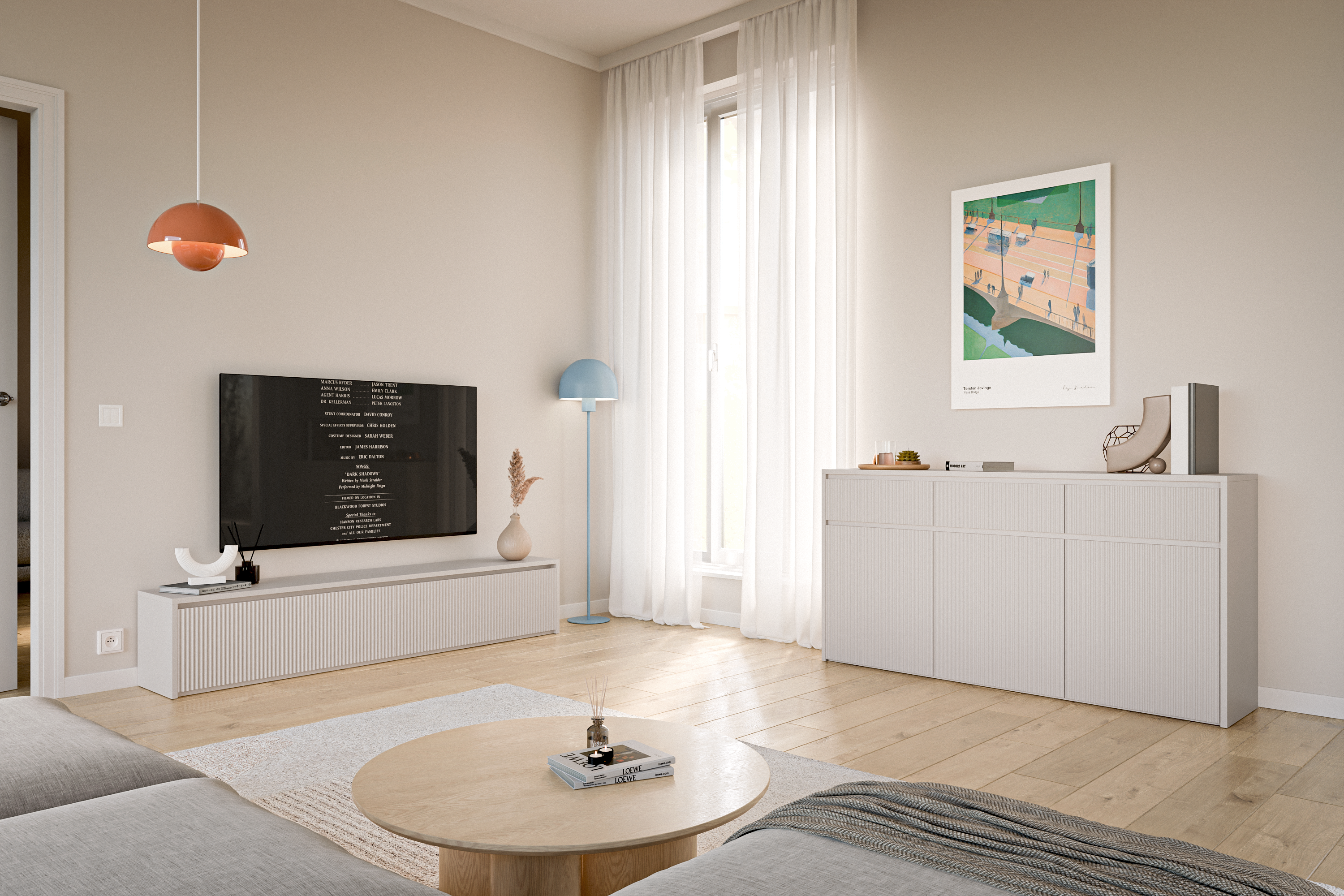 Komoda trzydrzwiowa Vemmi z trzema szufladami 155 cm z ryflowanym frontem kaszmir