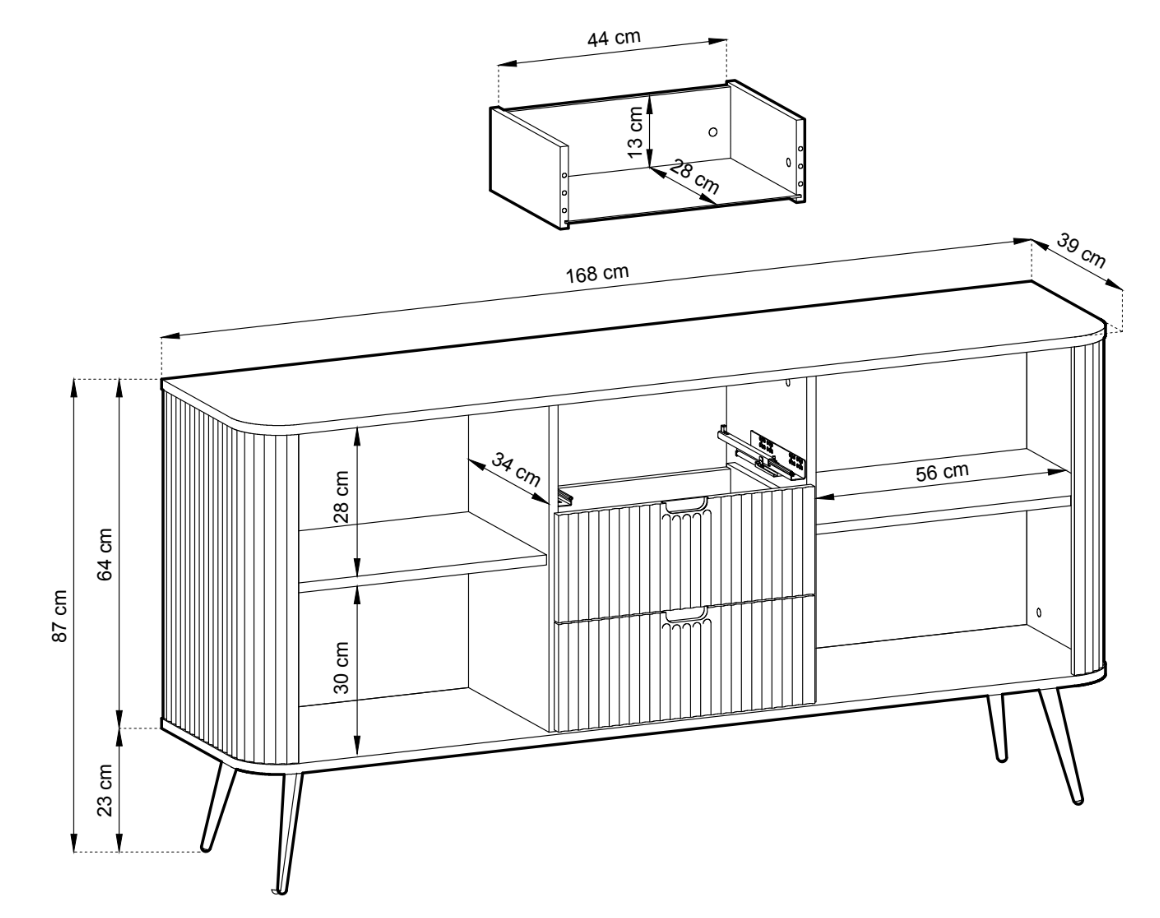 Komoda dwudrzwiowa Zova z trzema szufladami i lamelowymi frontami 168 cm Biała ze złotymi nogami