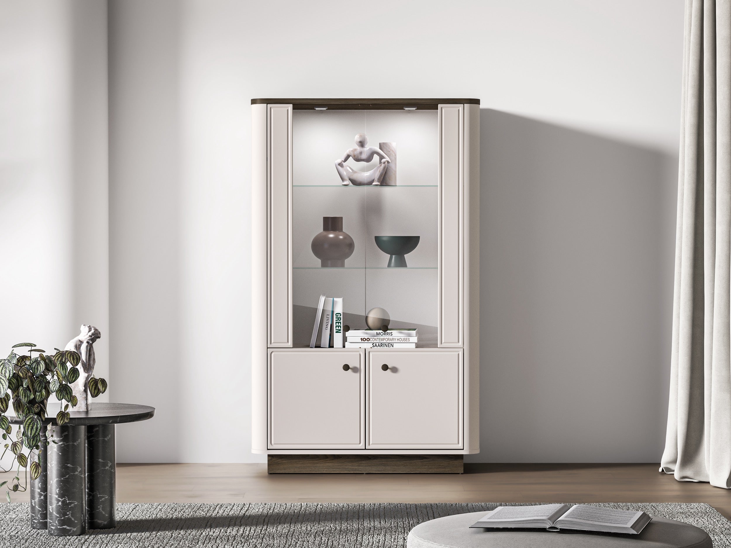 Witryna niska Vilavio czterodrzwiowa z oświetleniem 92 cm Kaszmir/Dąb Windmill Dark