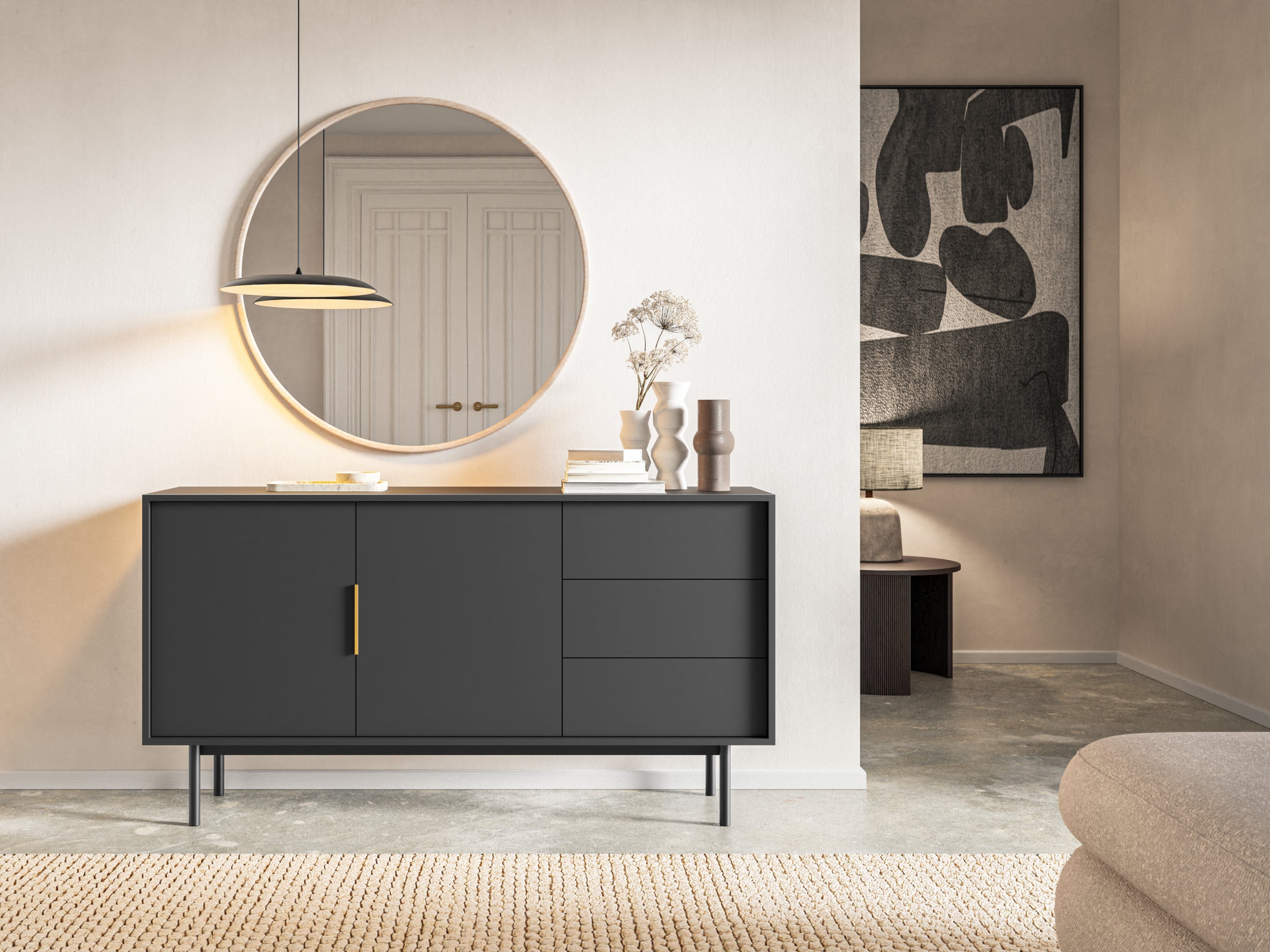 Komoda dwudrzwiowa Viviaro z trzema szufladami 154 cm Czarna