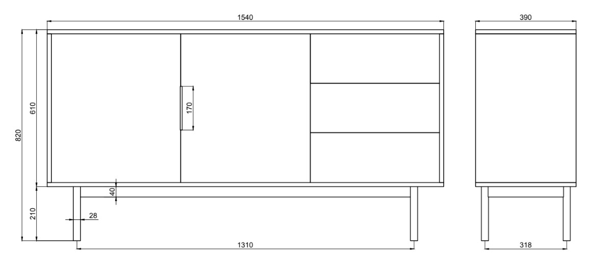 Komoda dwudrzwiowa Viviaro z trzema szufladami 154 cm Biała