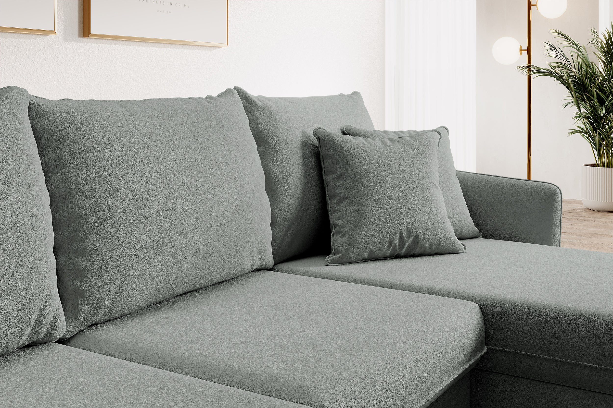 Narożnik z funkcją spania Volio szary velvet hydrofobowy nogi czarne